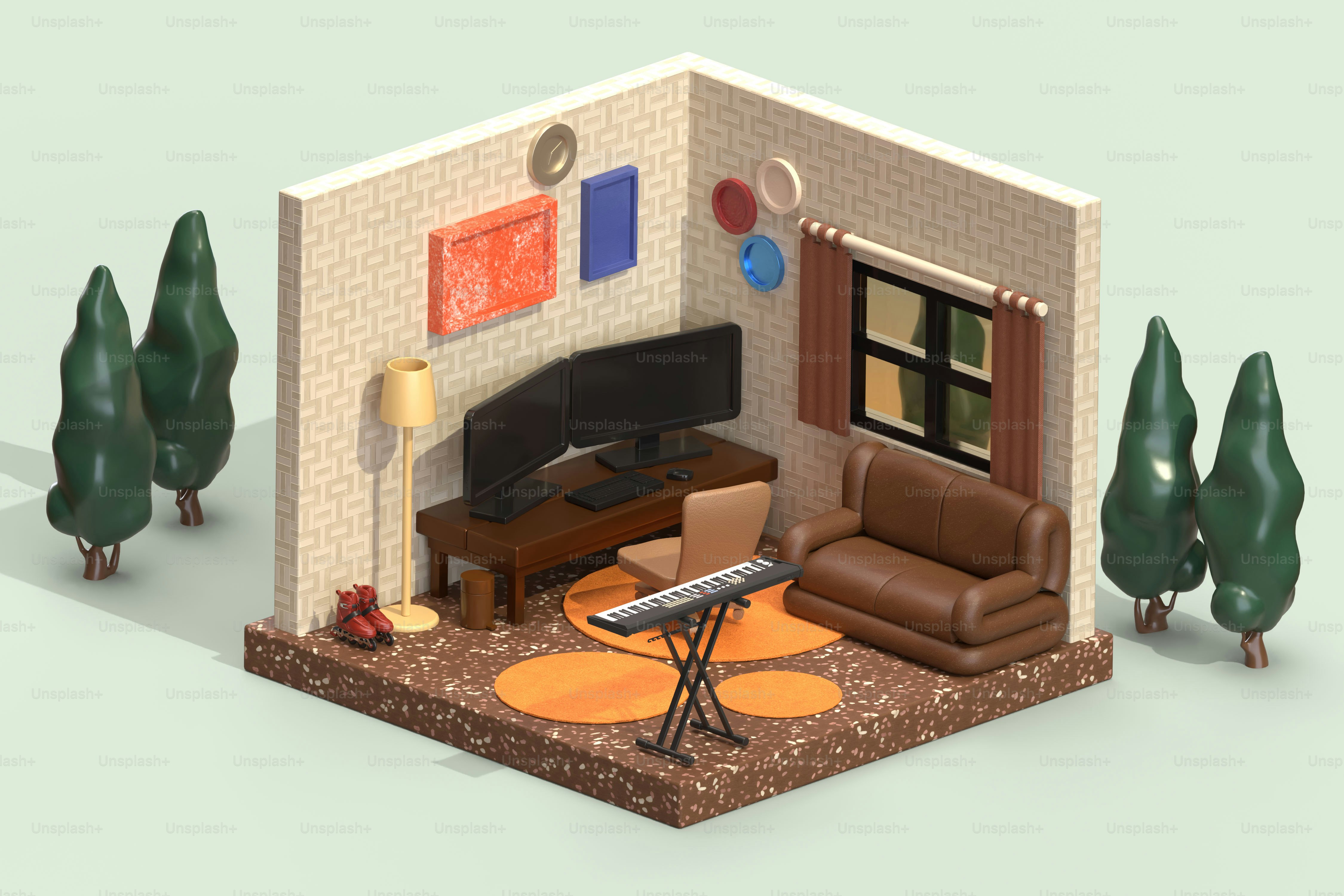 家具と木々のある居心地の良いアイソメトリックルーム。