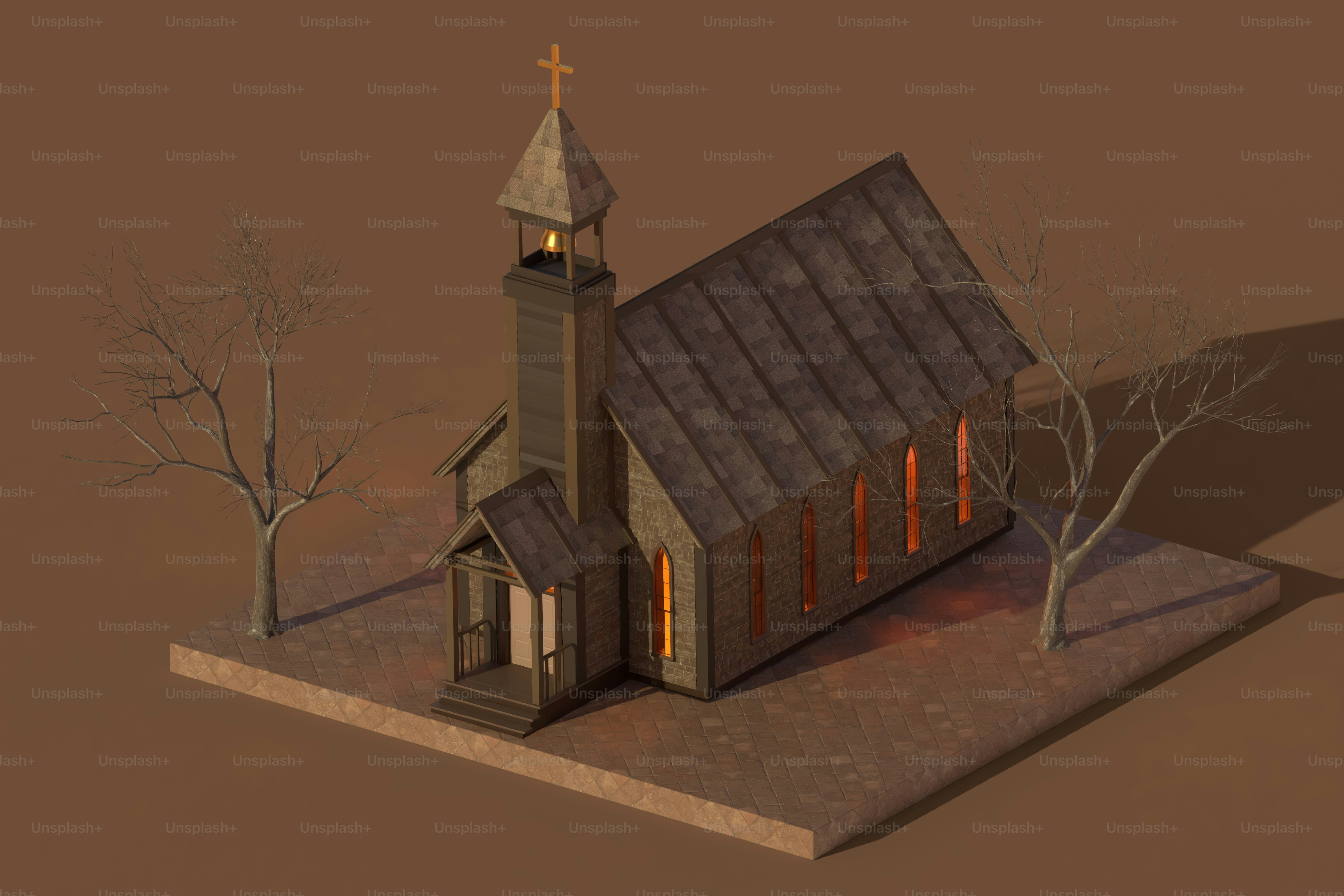 A wooden church stands with bare trees.
