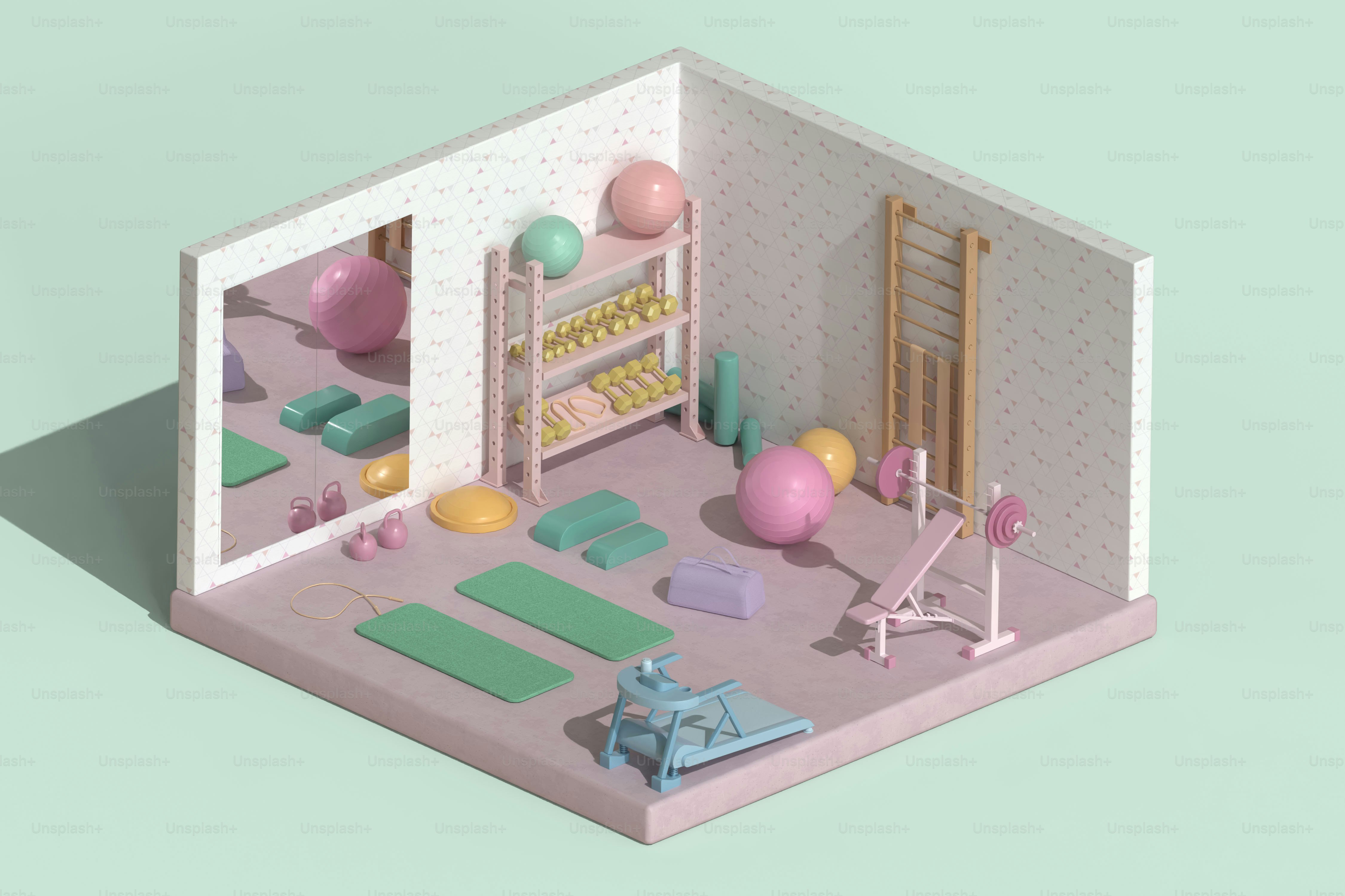 A colorful gym with various exercise equipment.