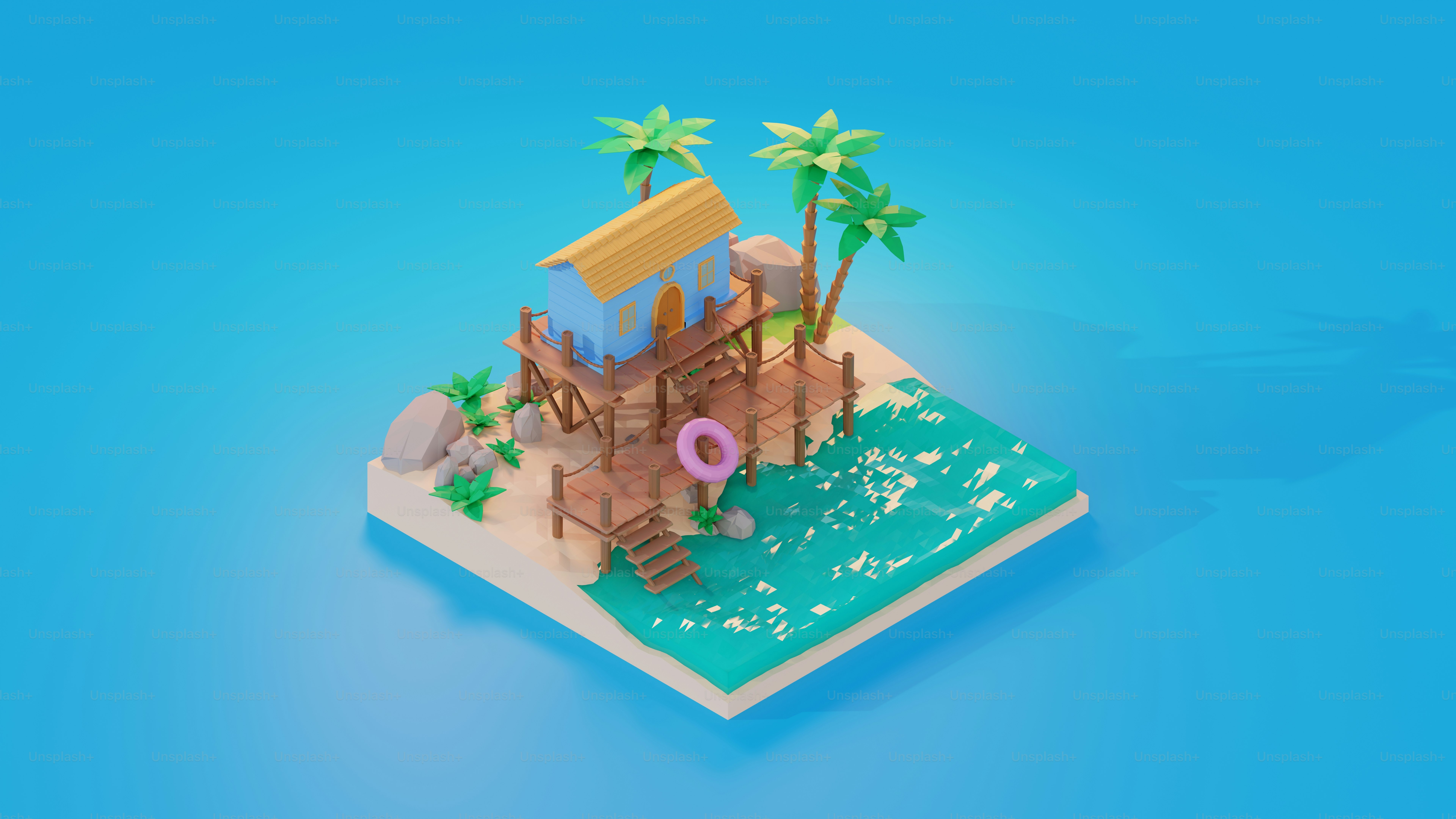 A detailed tropical beach house with palm trees and ocean views, ideal for rendering relaxation concepts.