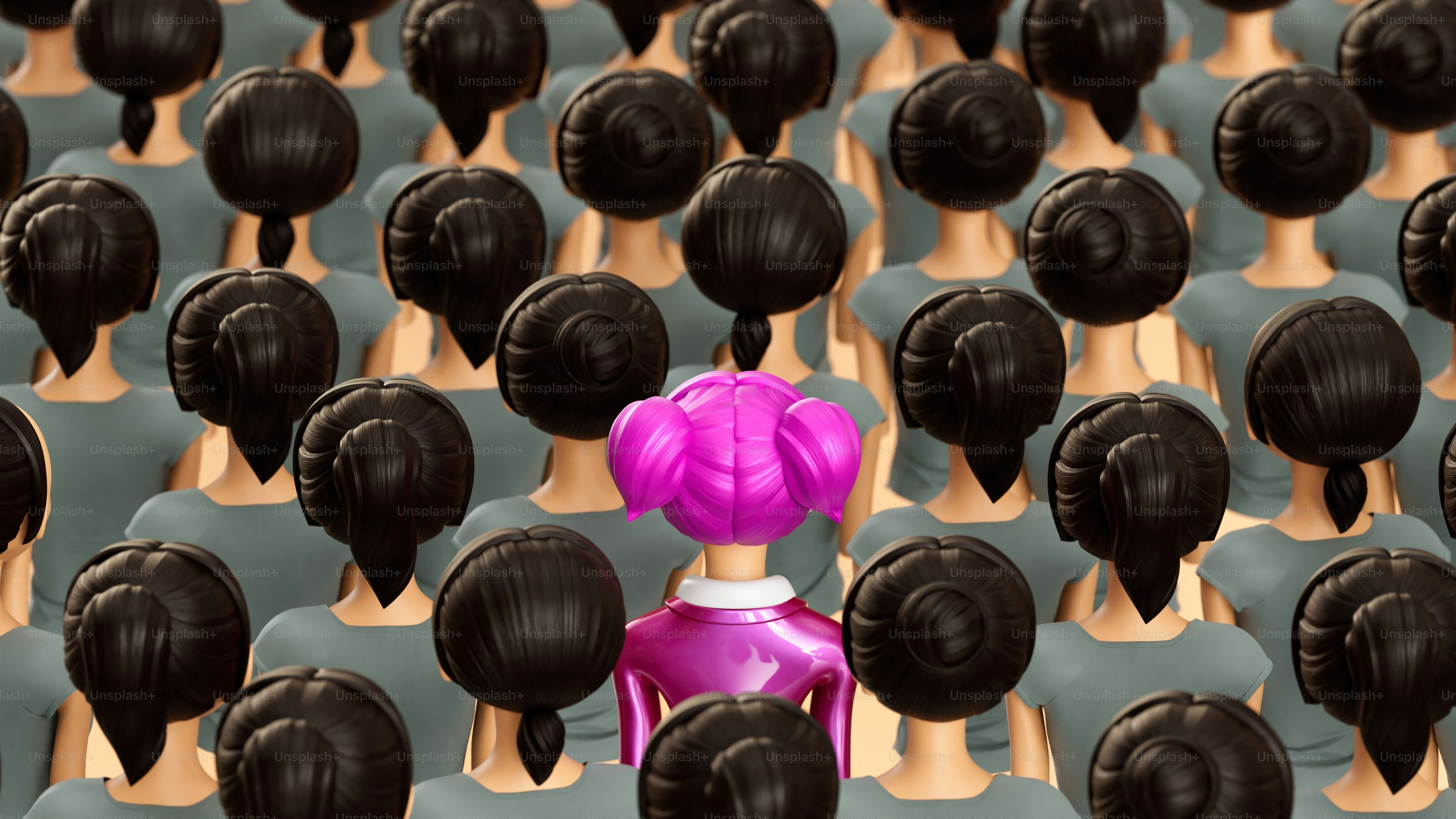 One unique figure stands out among many identical ones.