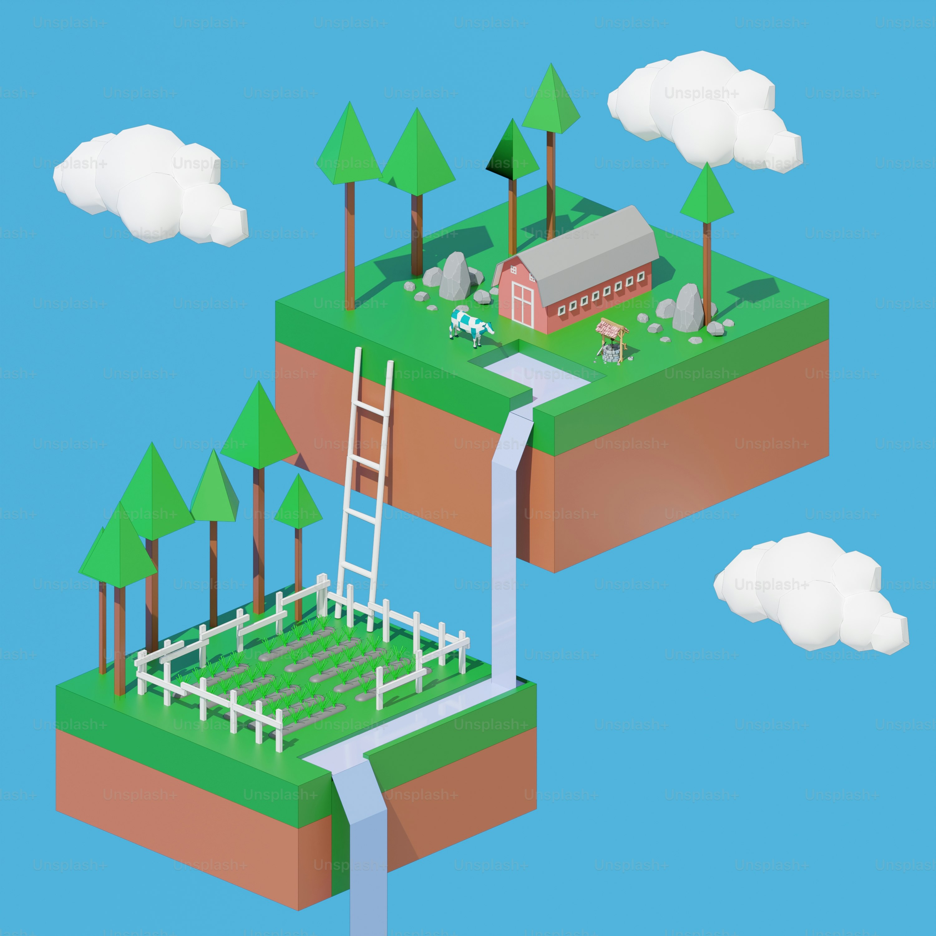 A low-poly farm scene with a waterfall.