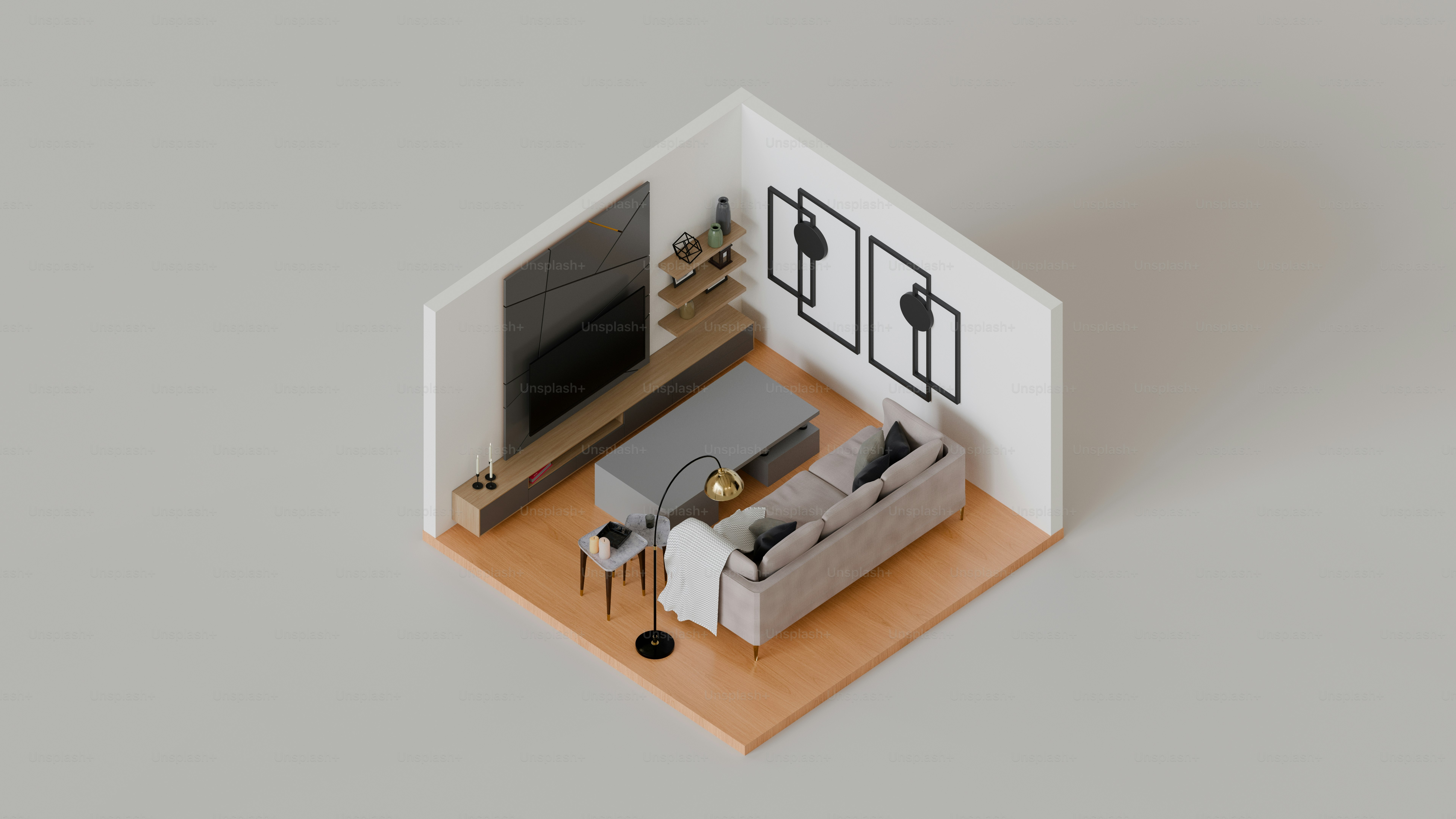 A modern living room rendered in an isometric view.