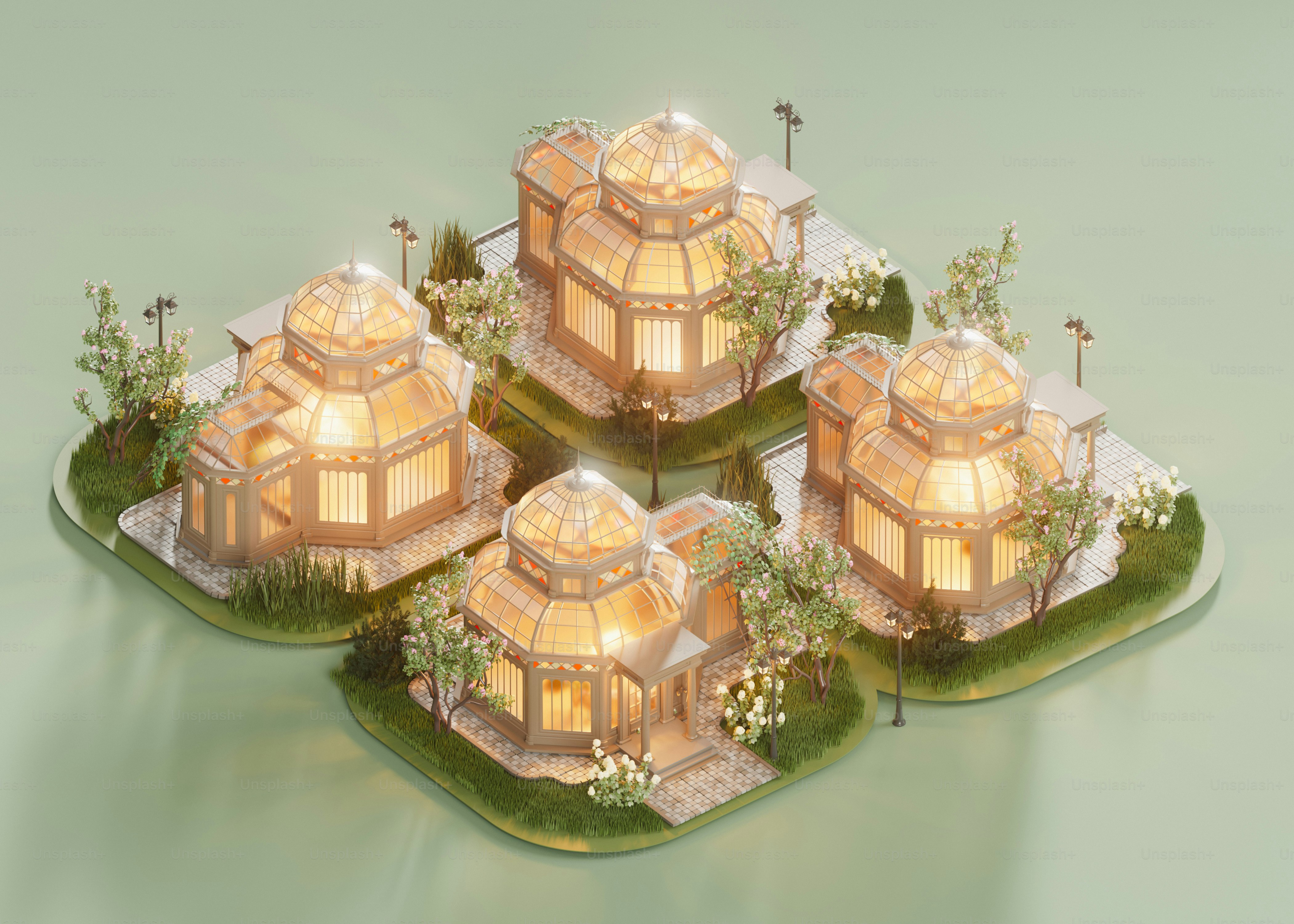 Four illuminated greenhouses sit together on platforms. photo – 3d ...
