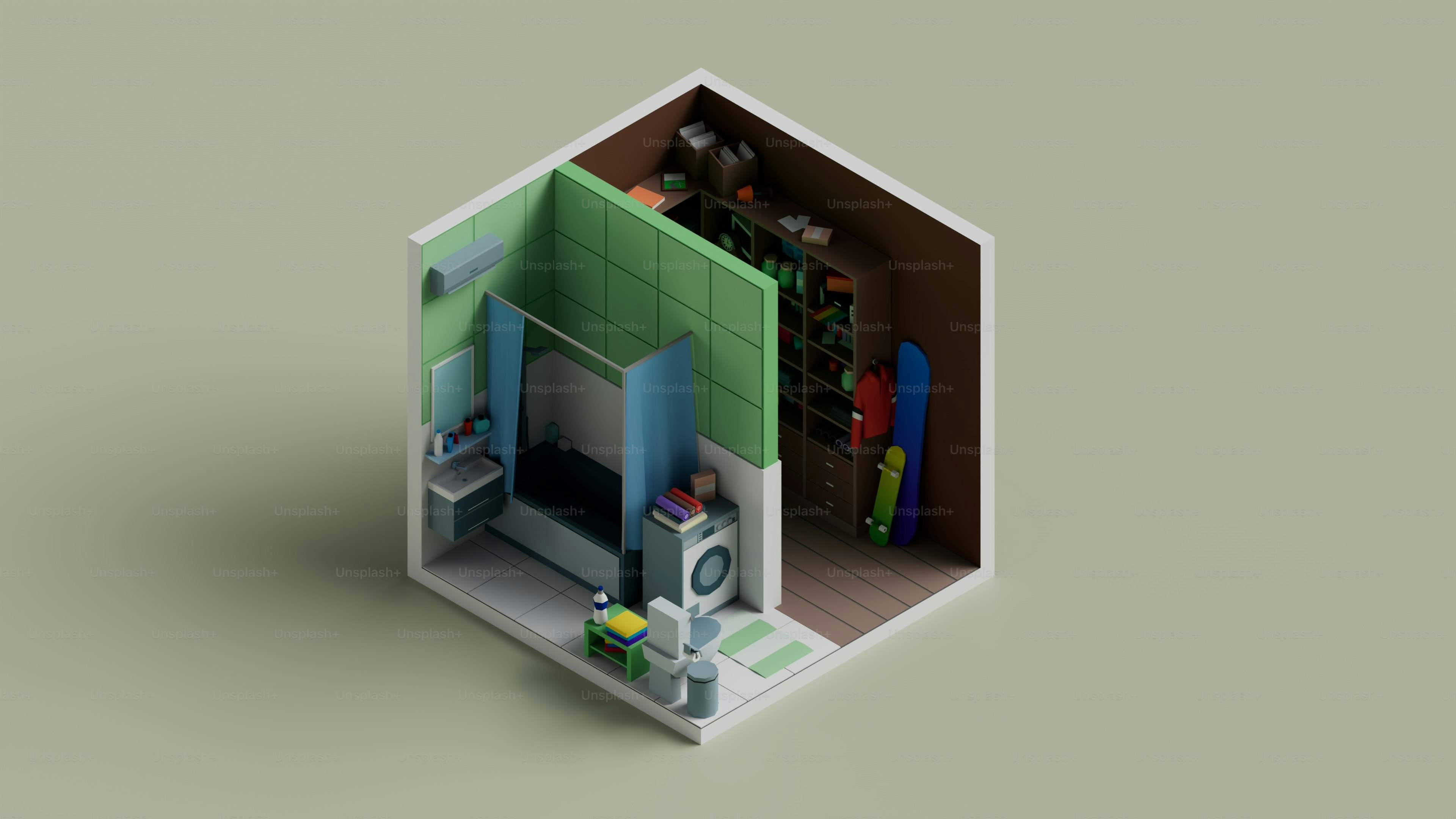 Eine isometrische Ansicht eines Badezimmers und eines Abstellraums.