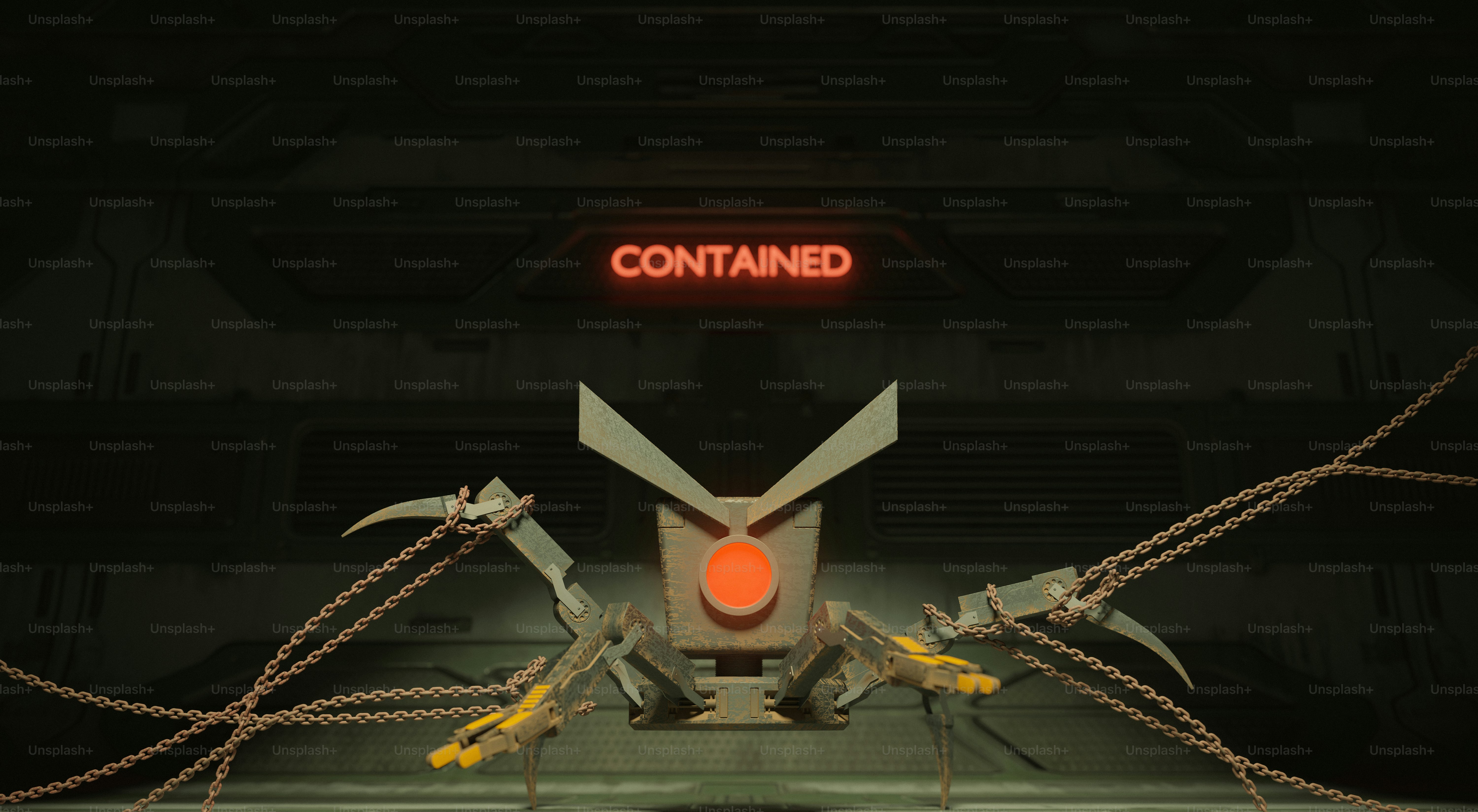 A robotic creature is contained in a dark room.