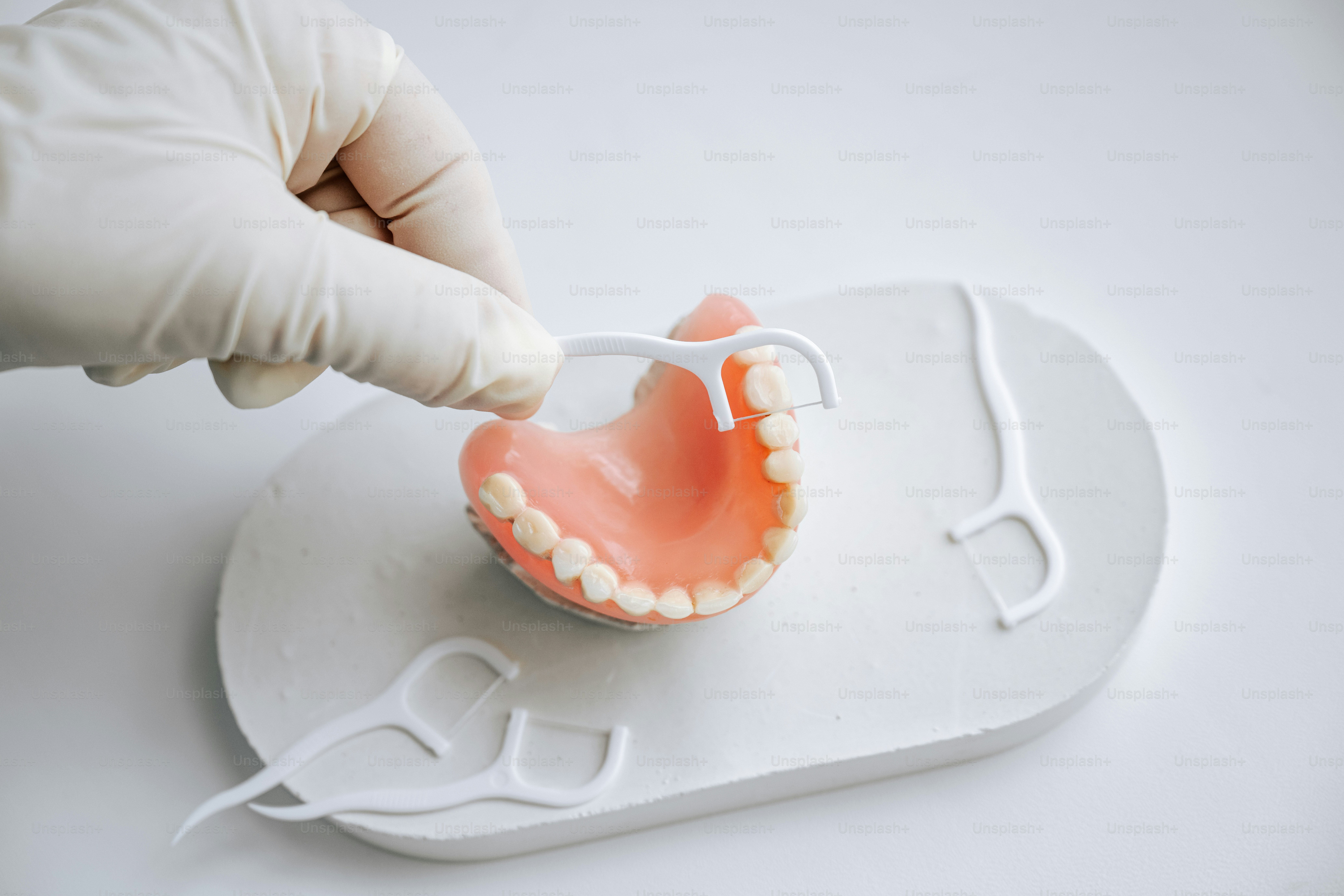 Dental flossers are being used on a model denture.