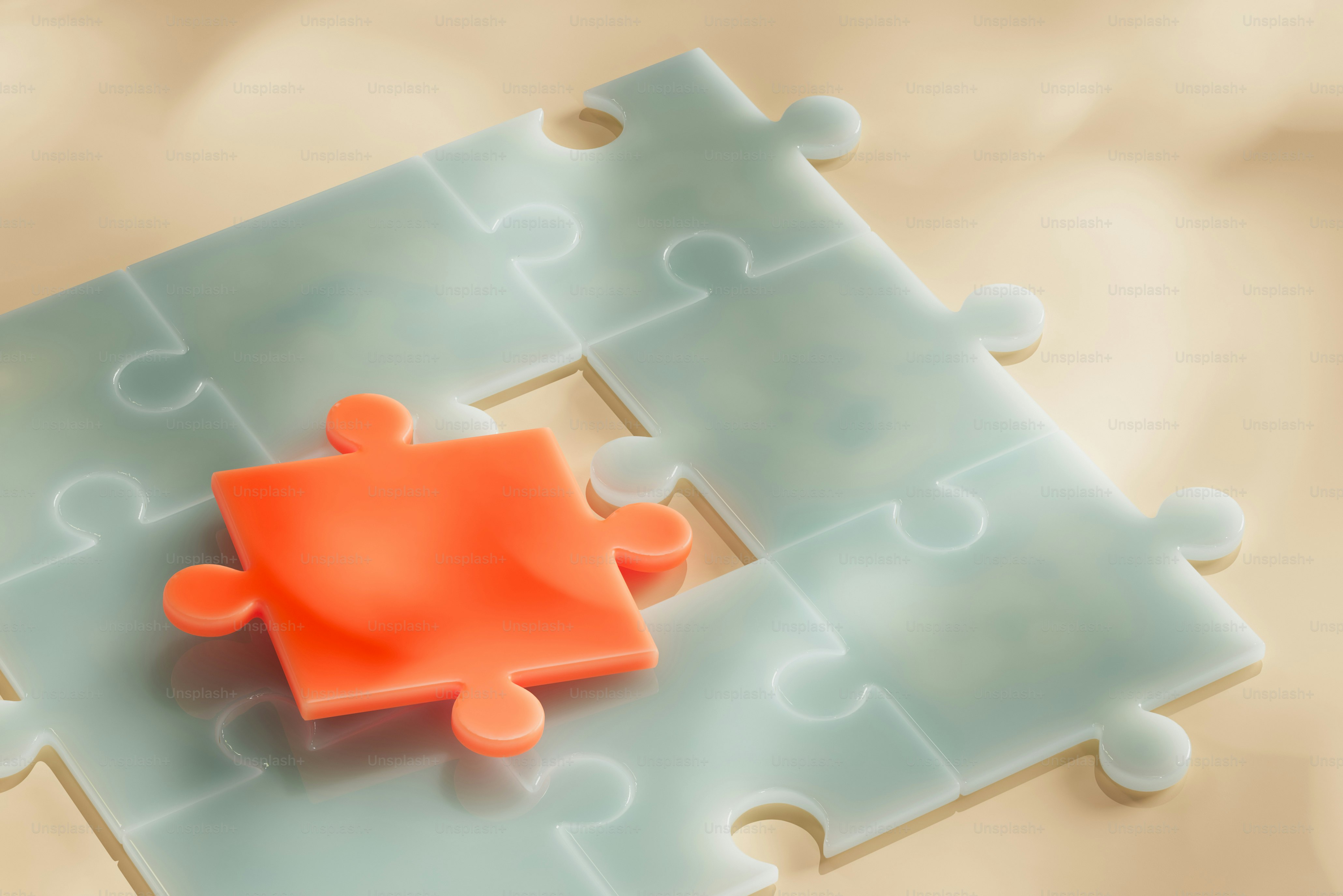 A red puzzle piece about to complete the puzzle.