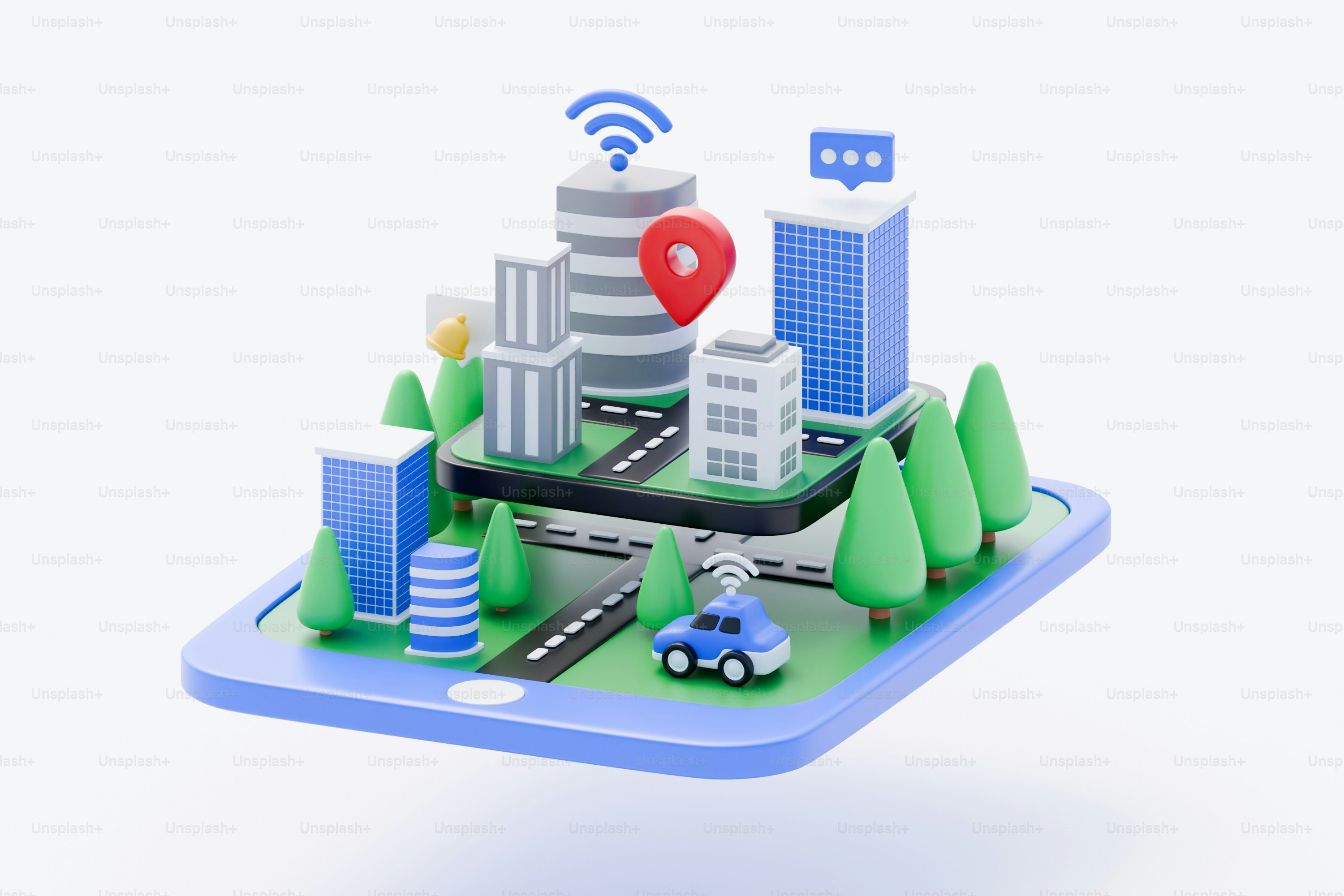 Smart city concept with connected buildings and cars.