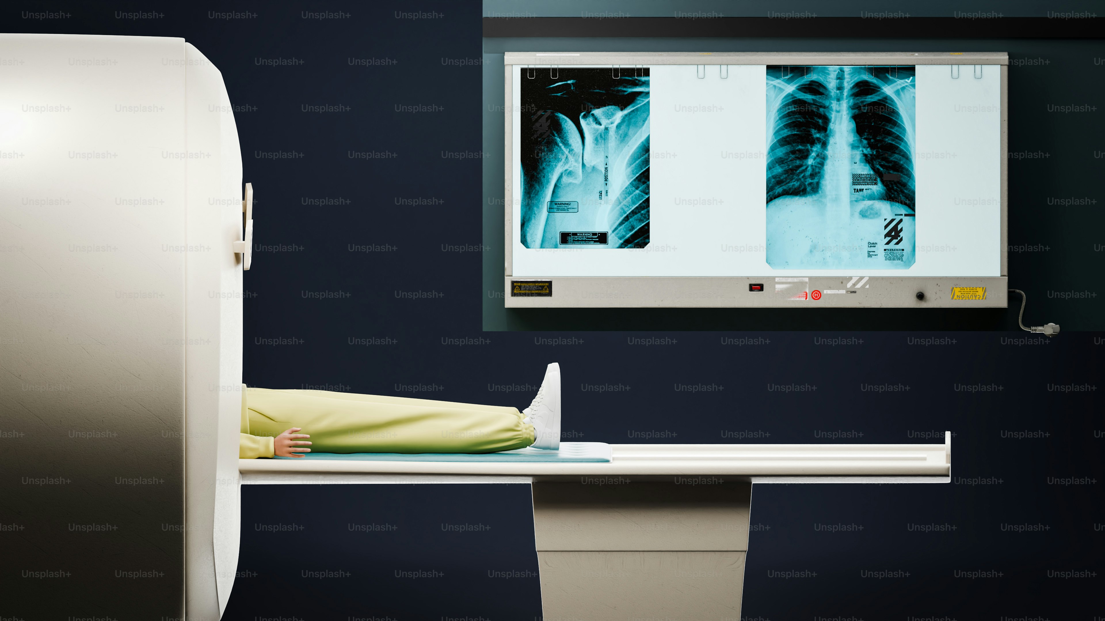Patient undergoing a medical scan with x-ray images.