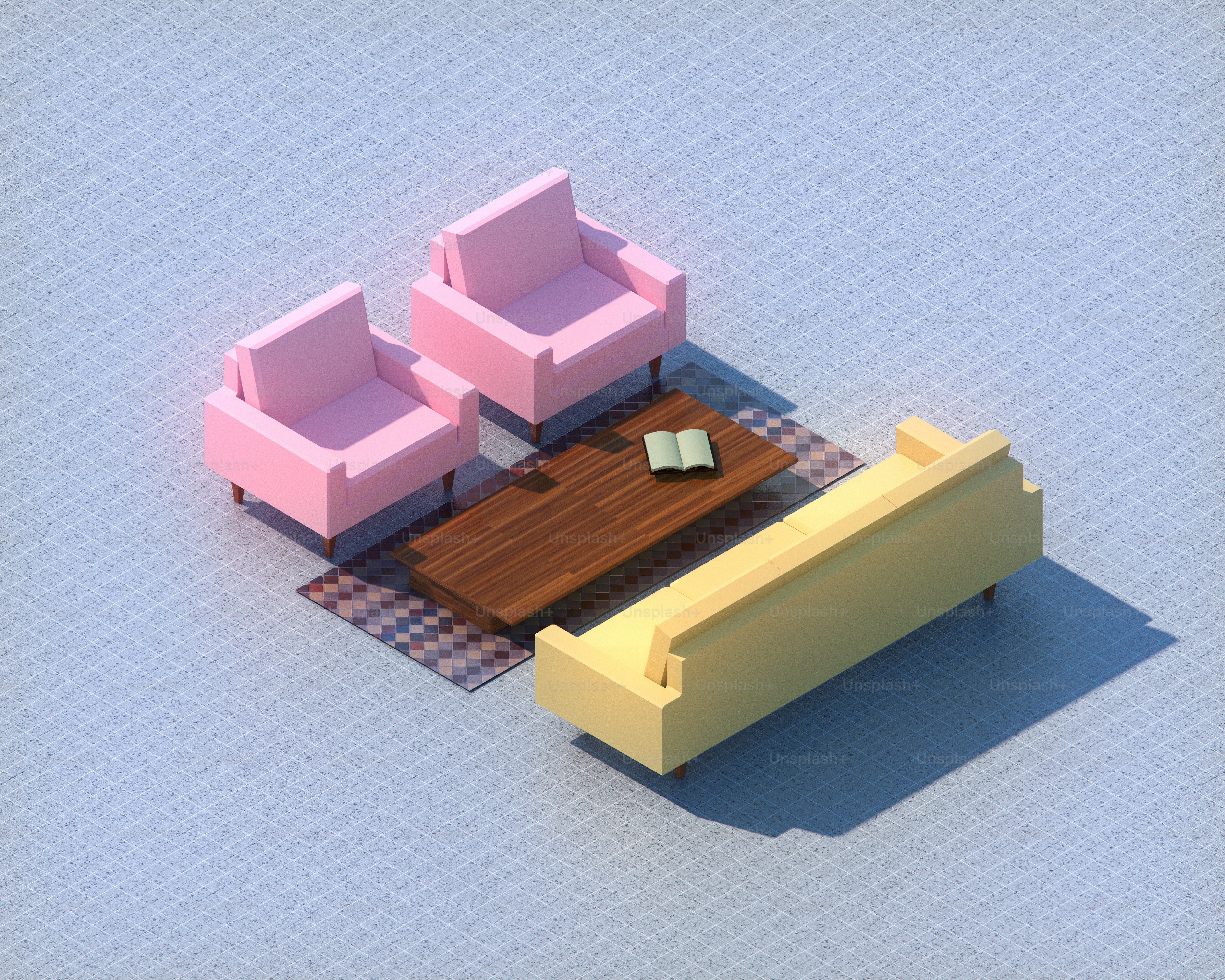 Isometric, pixelated living room with furniture.