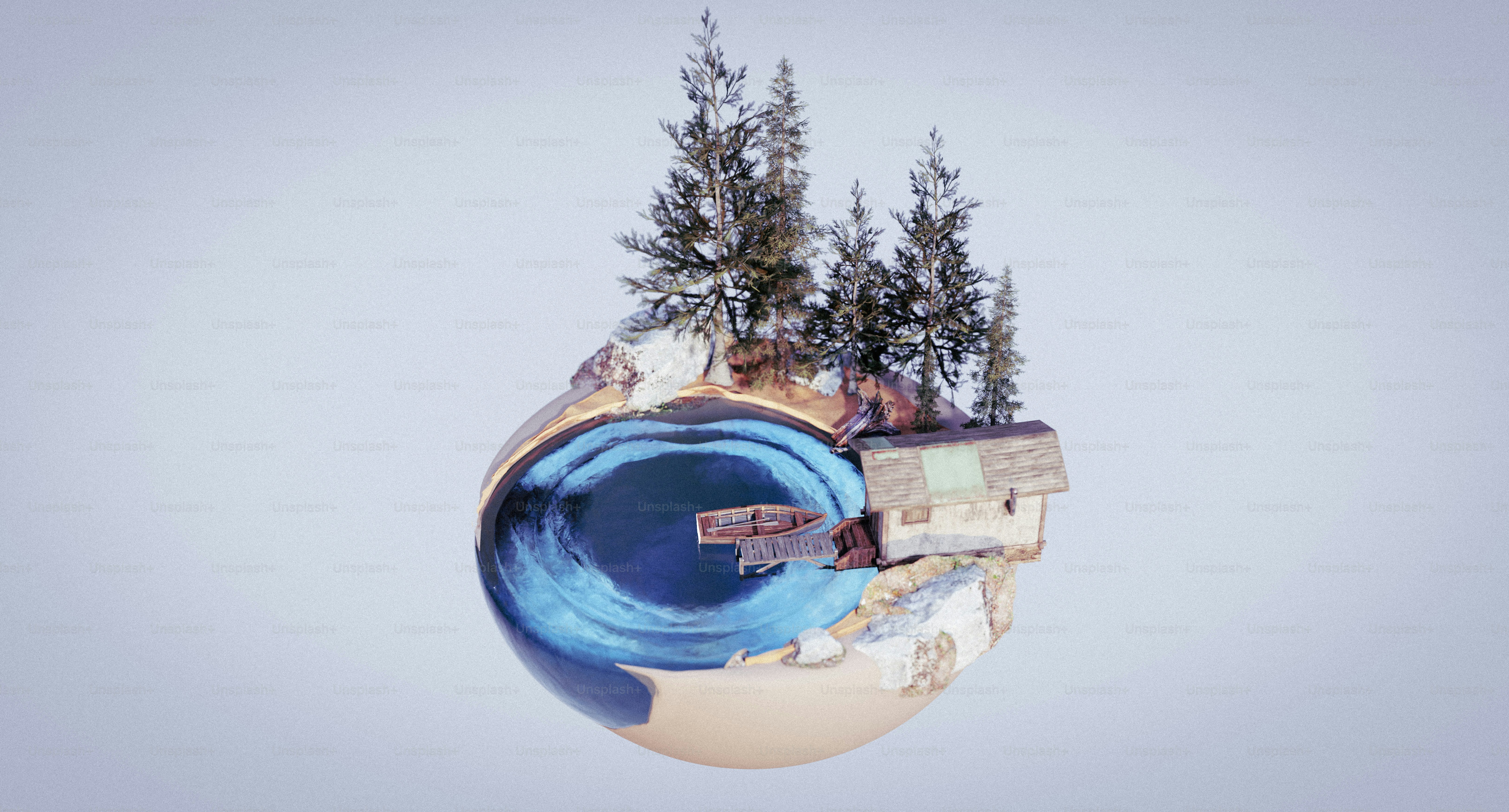 A snowy cabin nestled on a miniature planet.