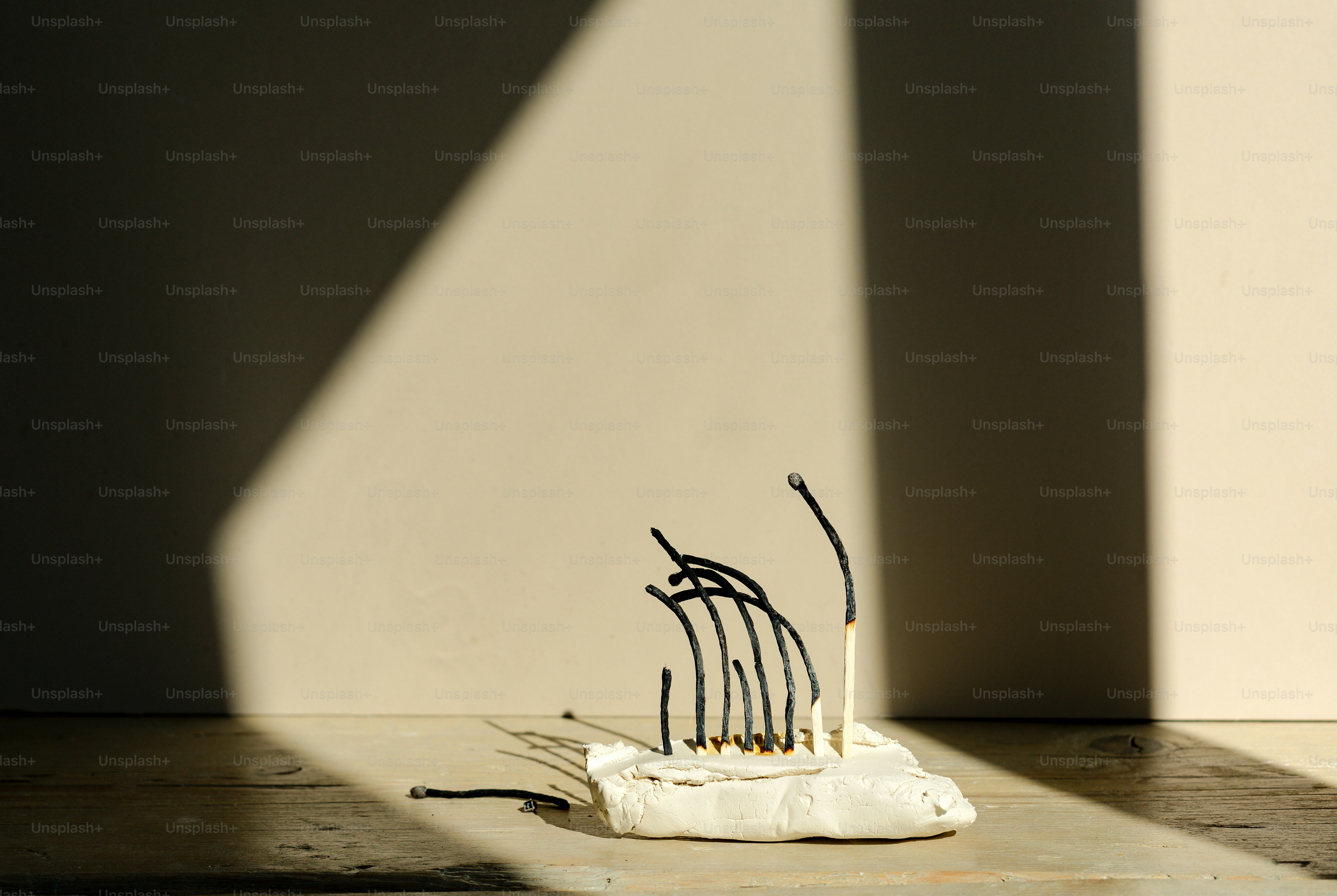 Burnt matches form an artistic arrangement.