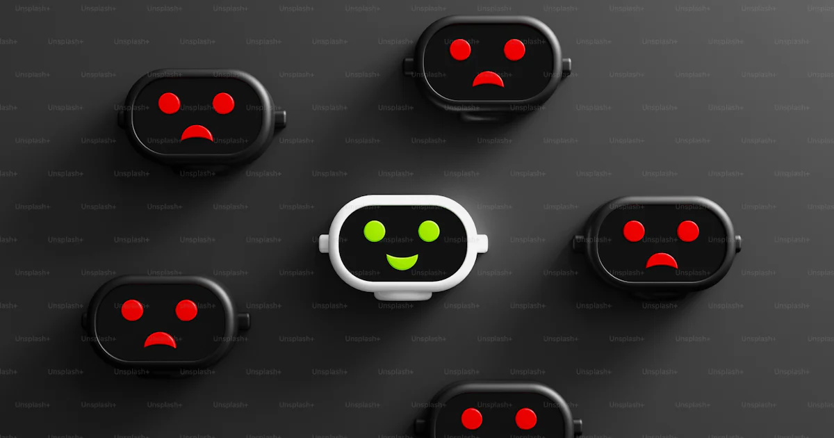 Happy robot surrounded by sad robots. photo – 3d render Image on Unsplash