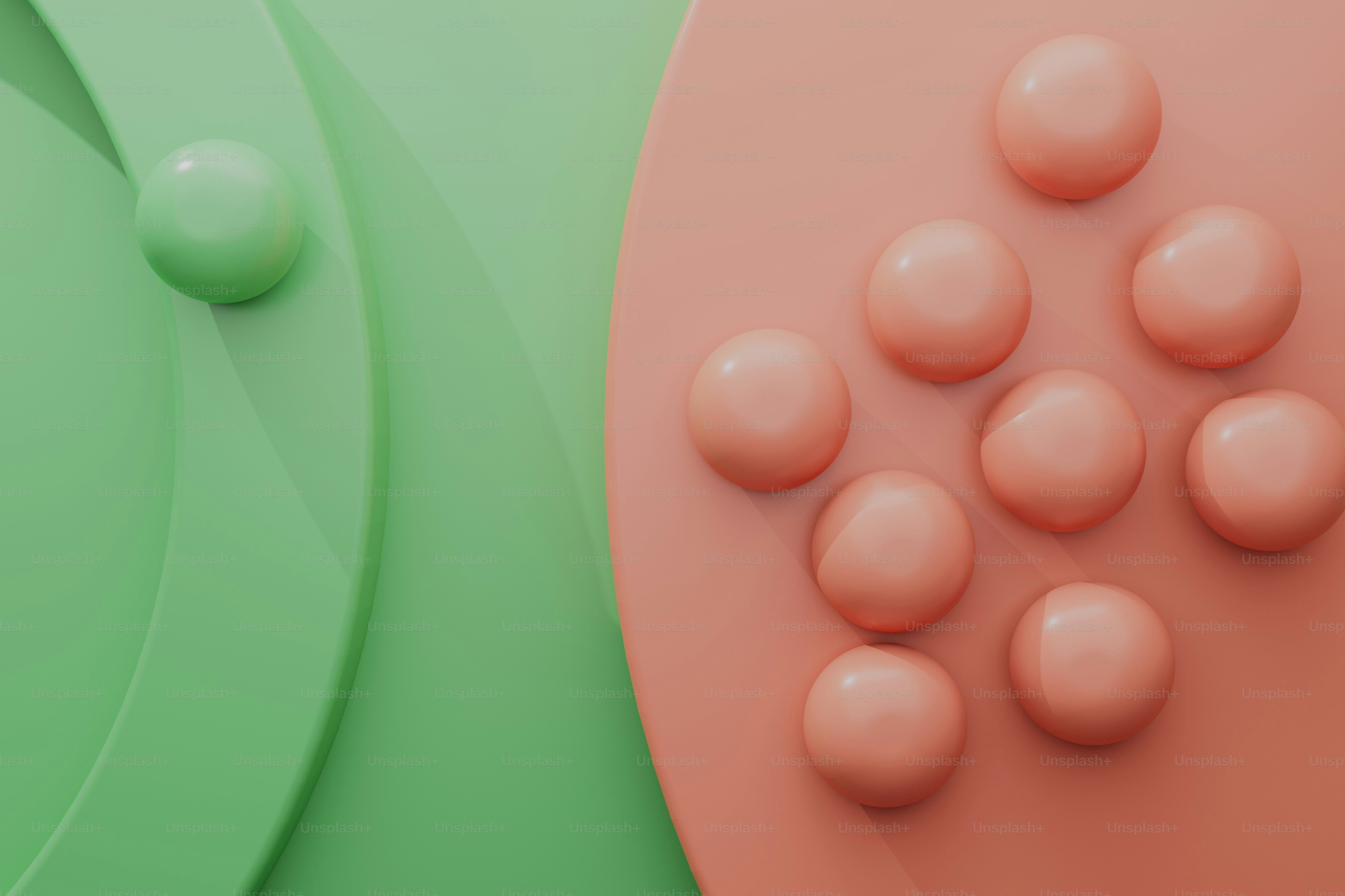 Green and peach abstract art with round shapes.