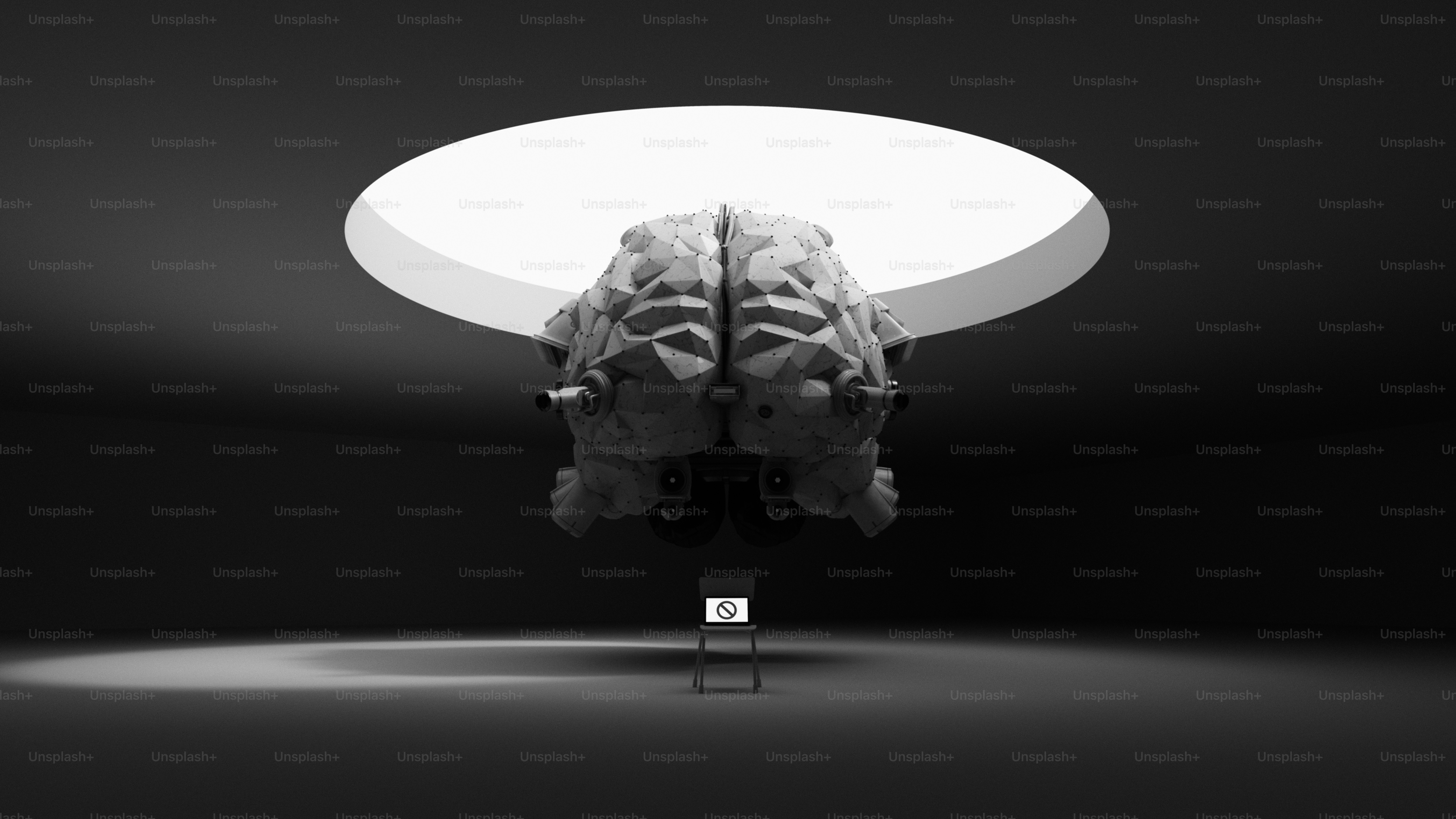 Brain suspended beneath a circular light source.
