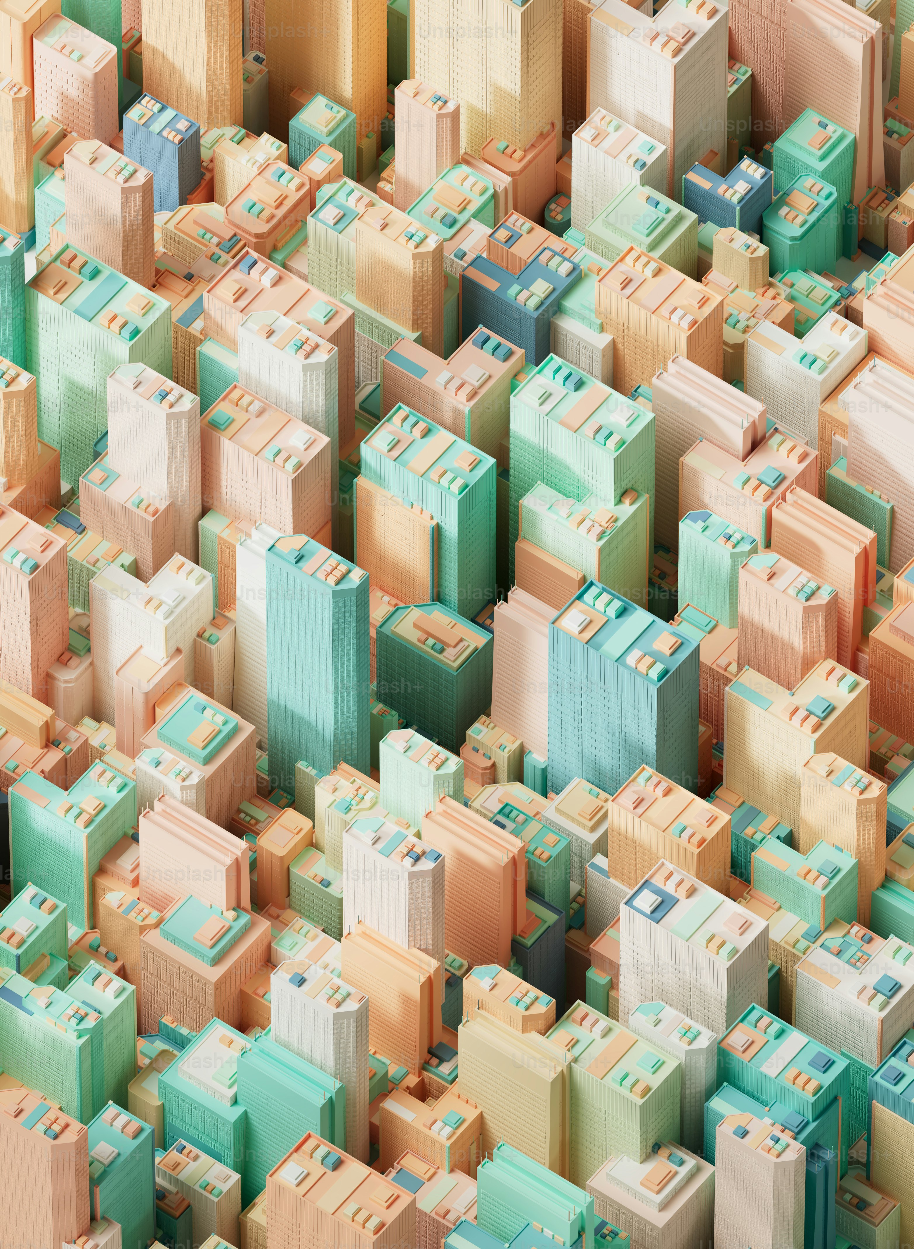 Abstract illustration of colorful, isometric city buildings. photo – 3d ...