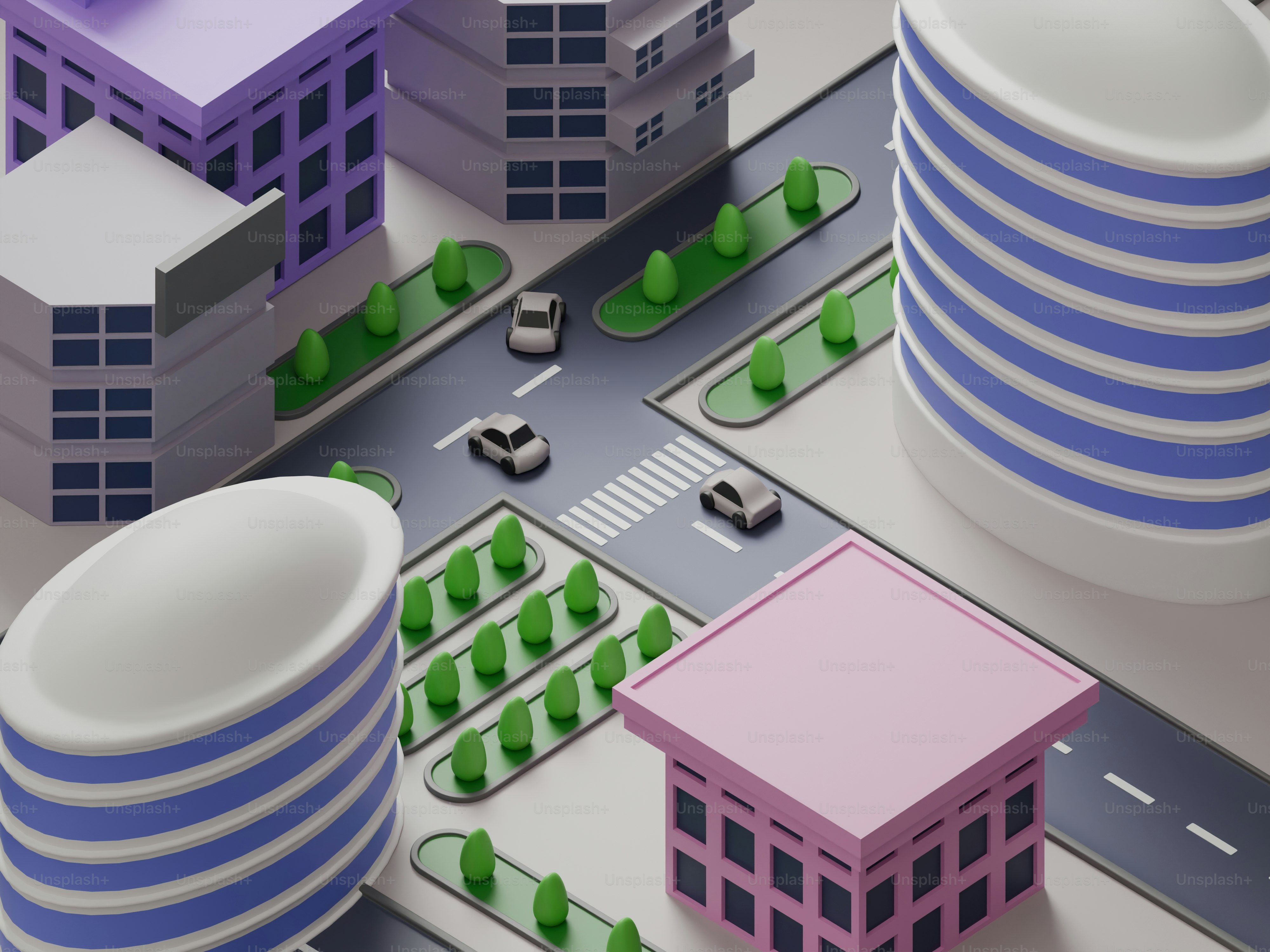 Ein 3D-Rendering einer farbenfrohen Miniaturstadt.