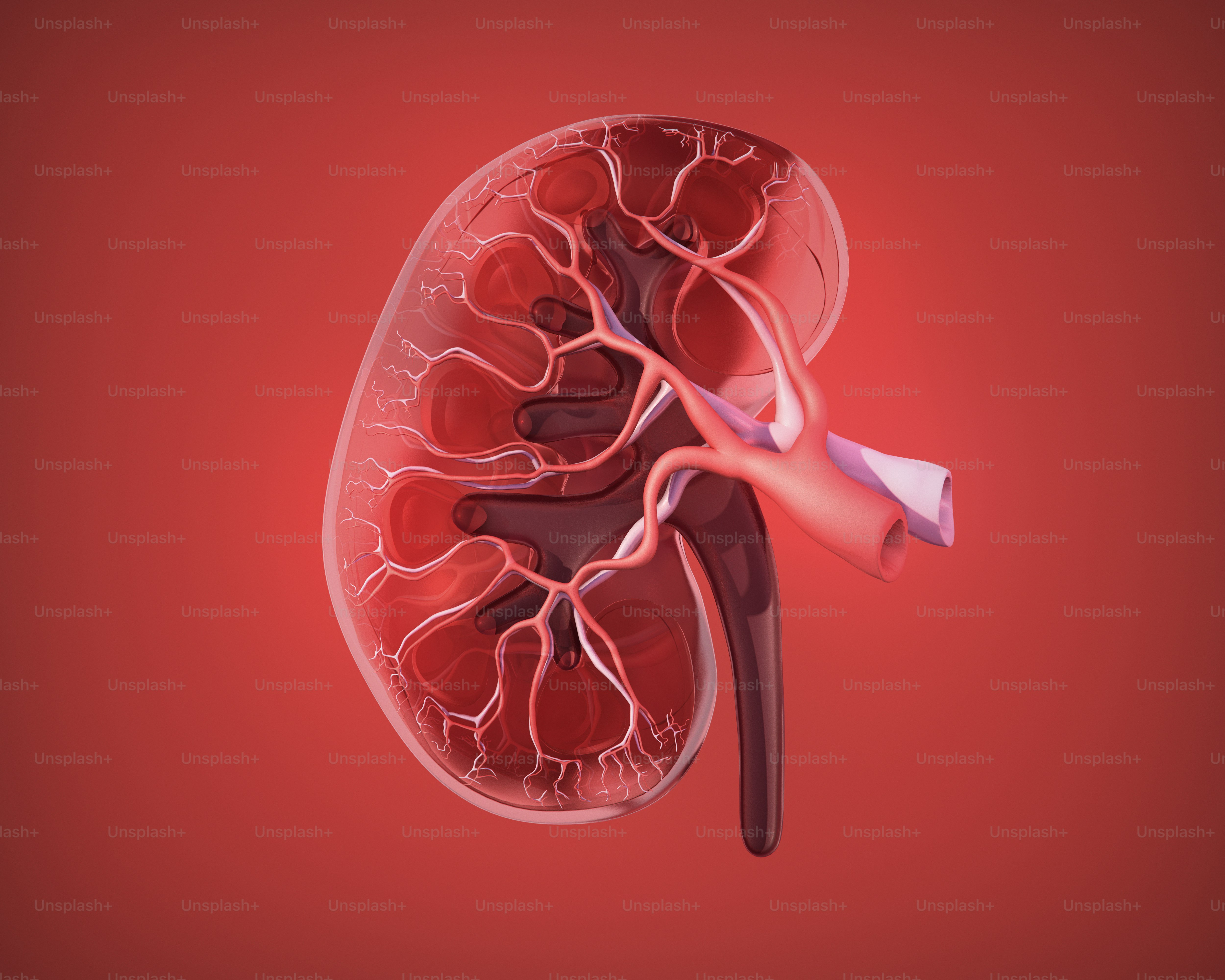 A detailed 3D rendering of a kidney.