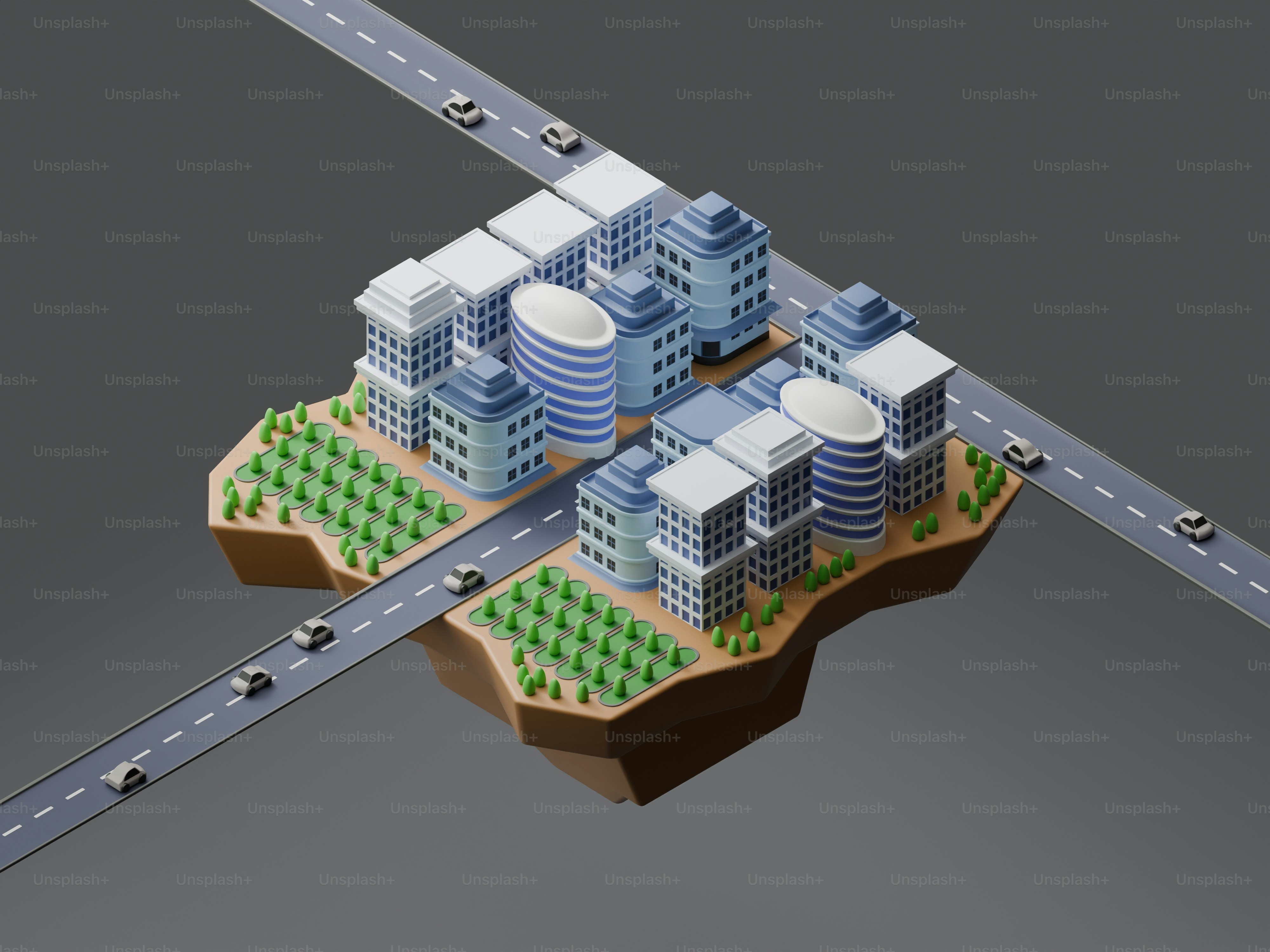 Isometric view of a city with roads and cars.