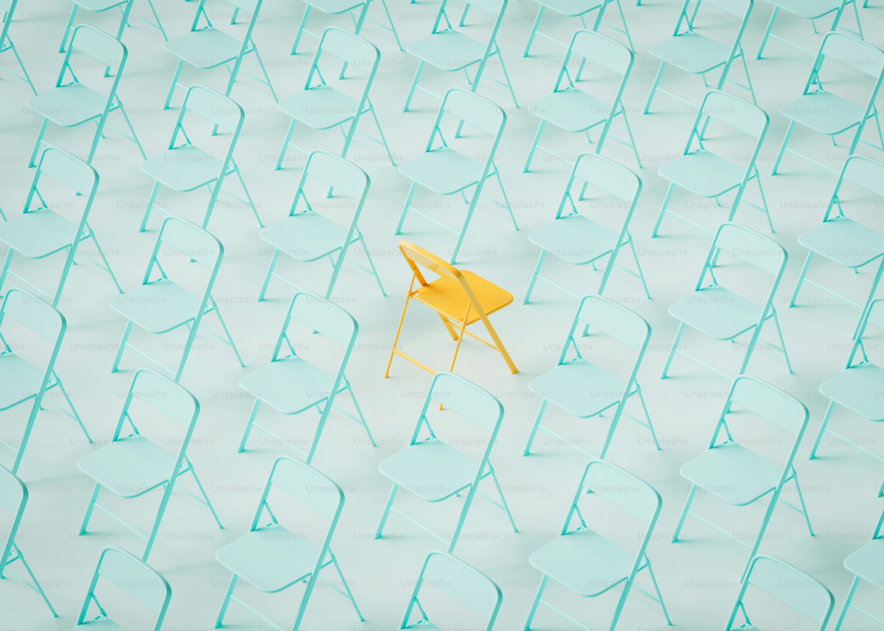 One yellow chair stands out from the crowd.