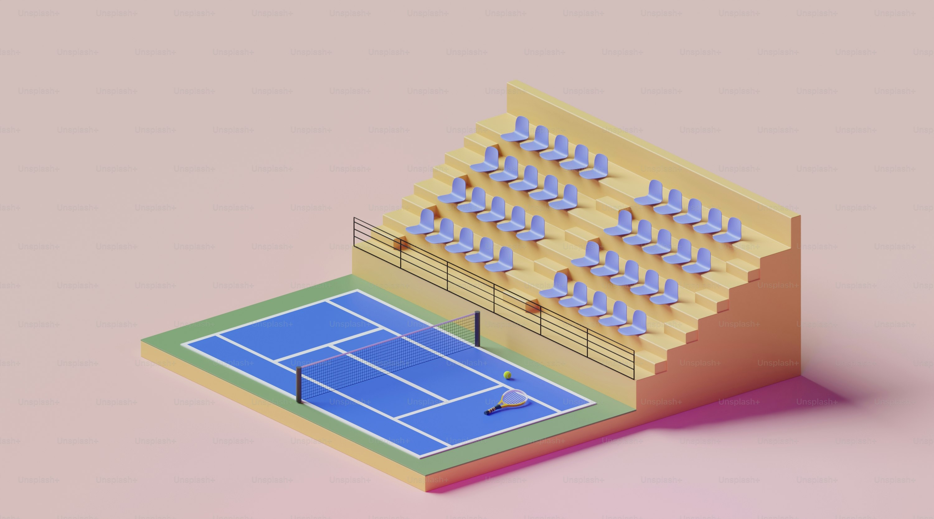 Voici une légende : court de tennis et sièges, illustration isométrique.