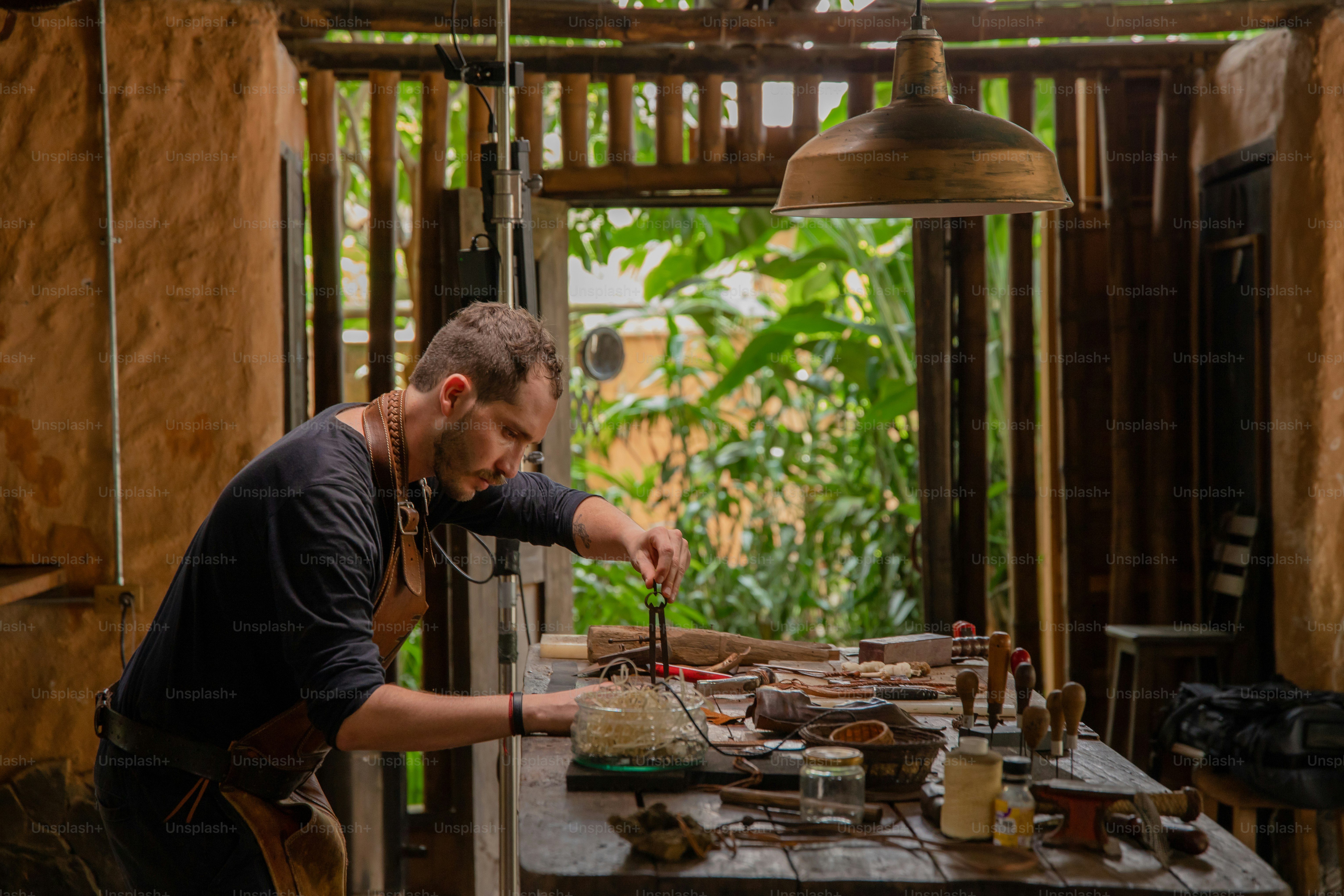A craftsman works in his workshop.