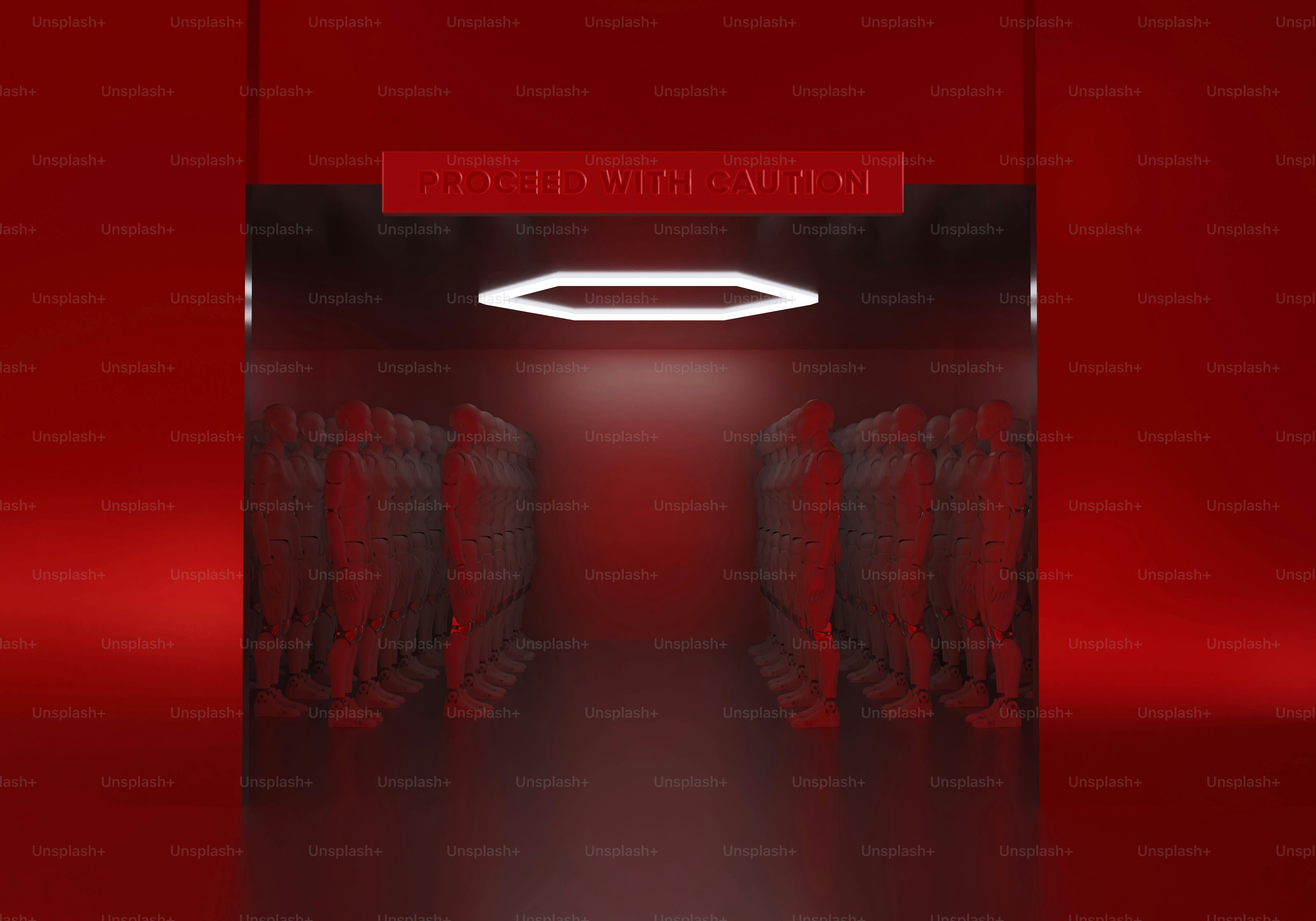 A red room with people lined up.