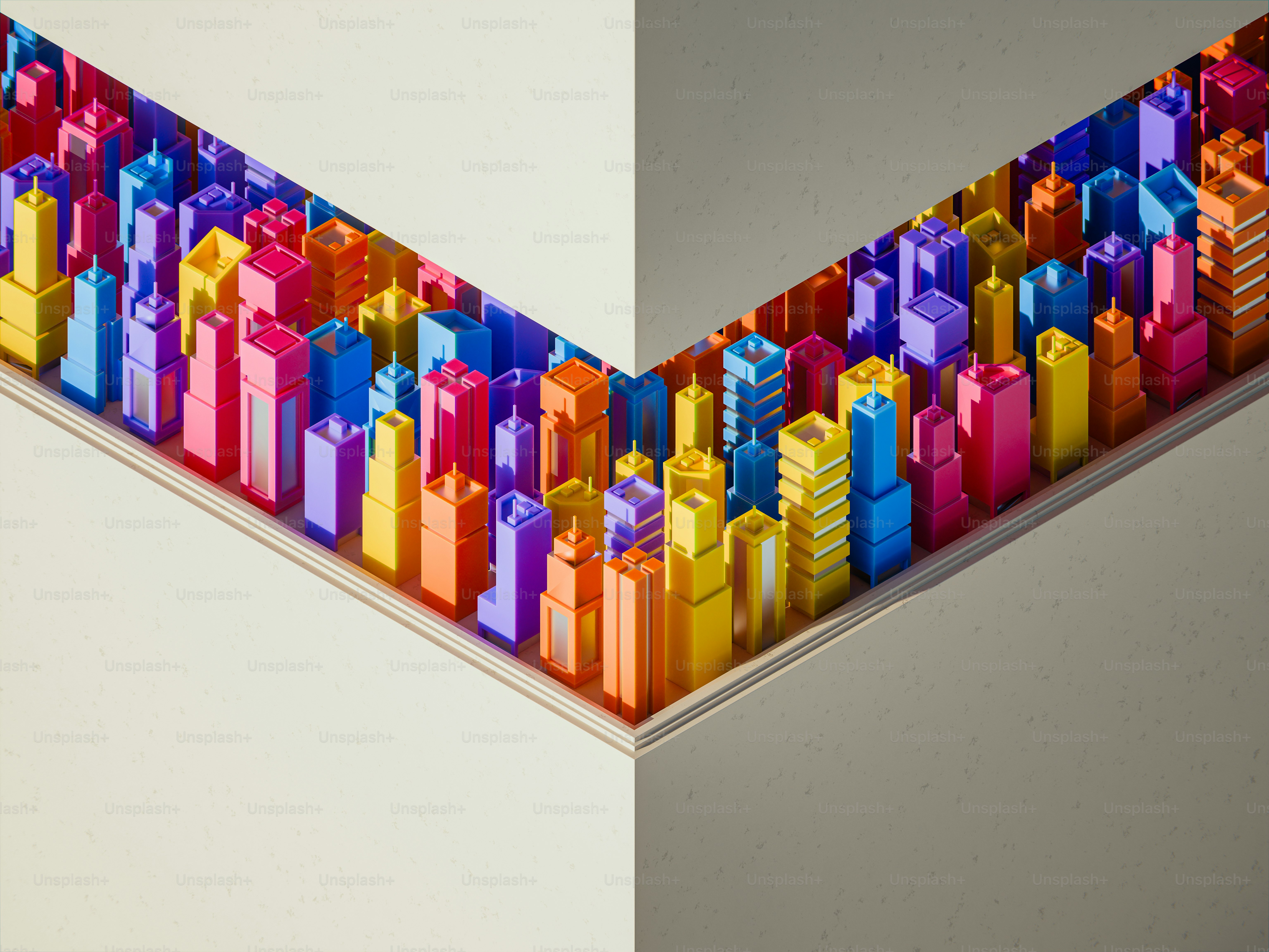 Colorful miniature city buildings in a corner.