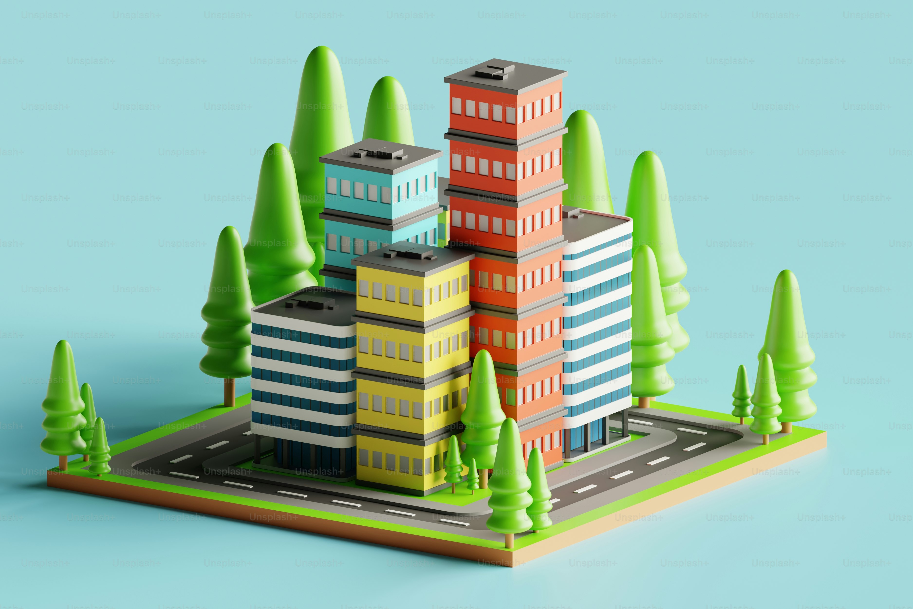 Cartoon buildings stand amid trees and roads.
