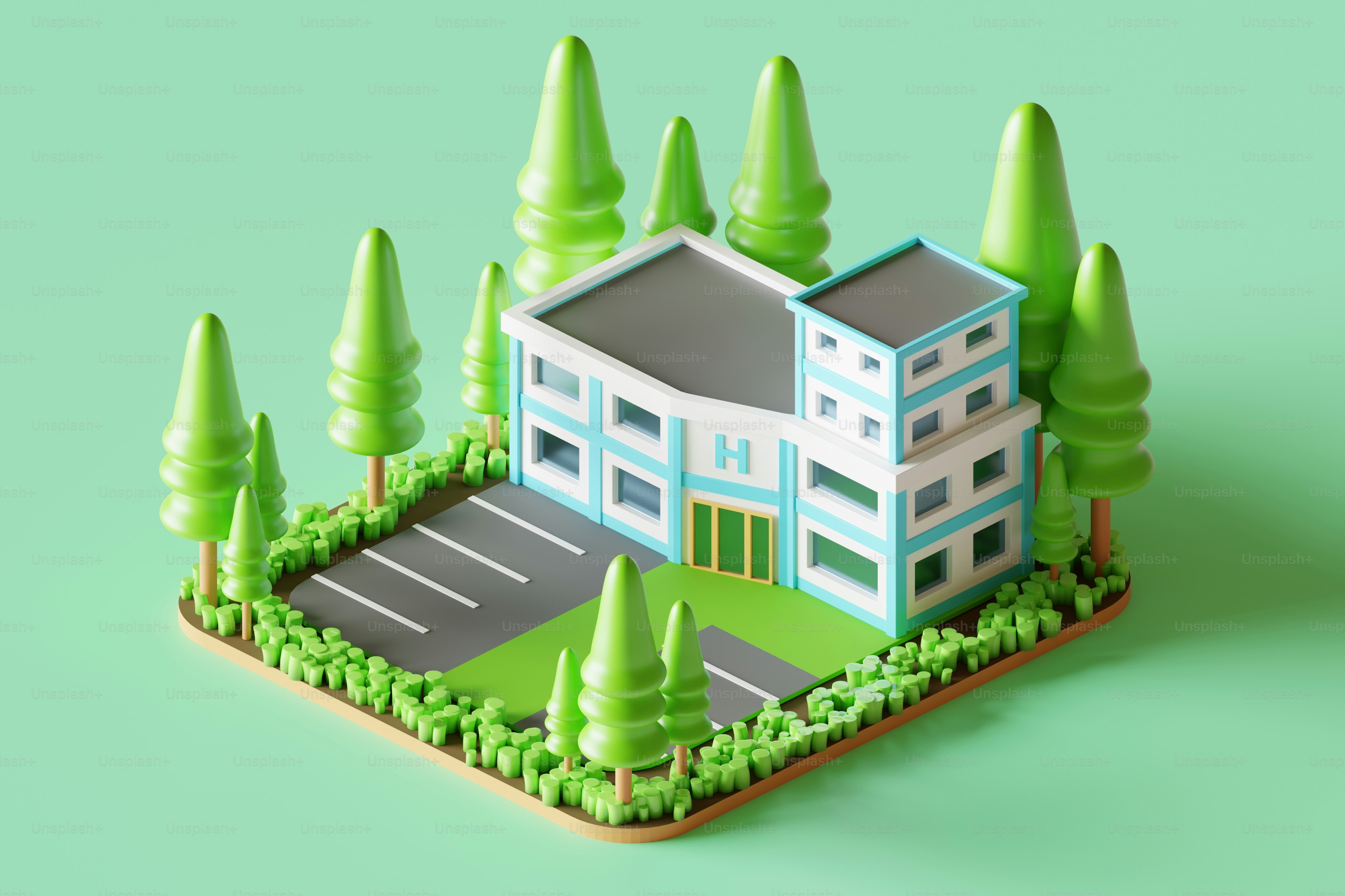 A 3D cartoon hospital surrounded by trees.