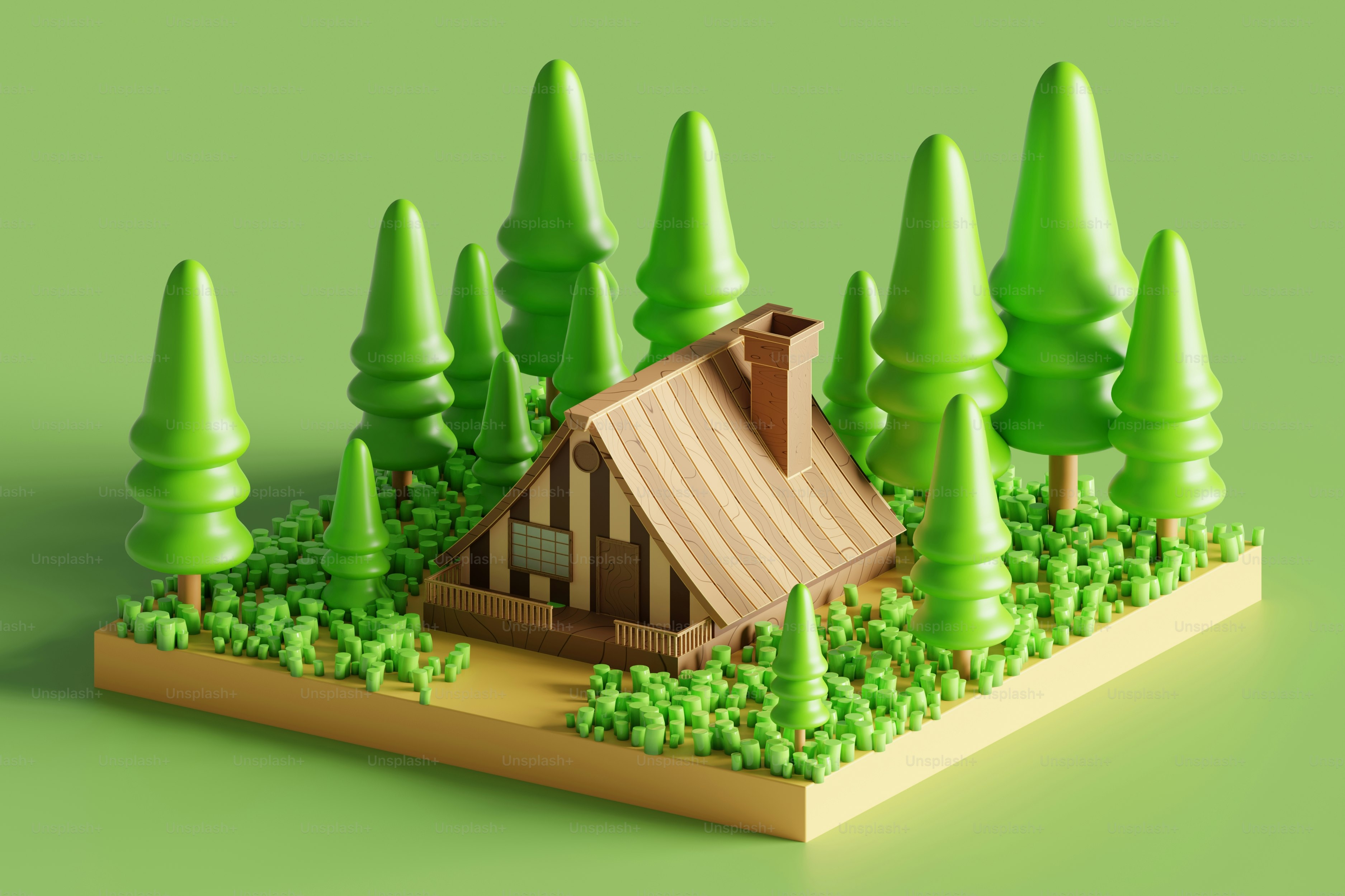 A tiny cabin is surrounded by lush green trees.