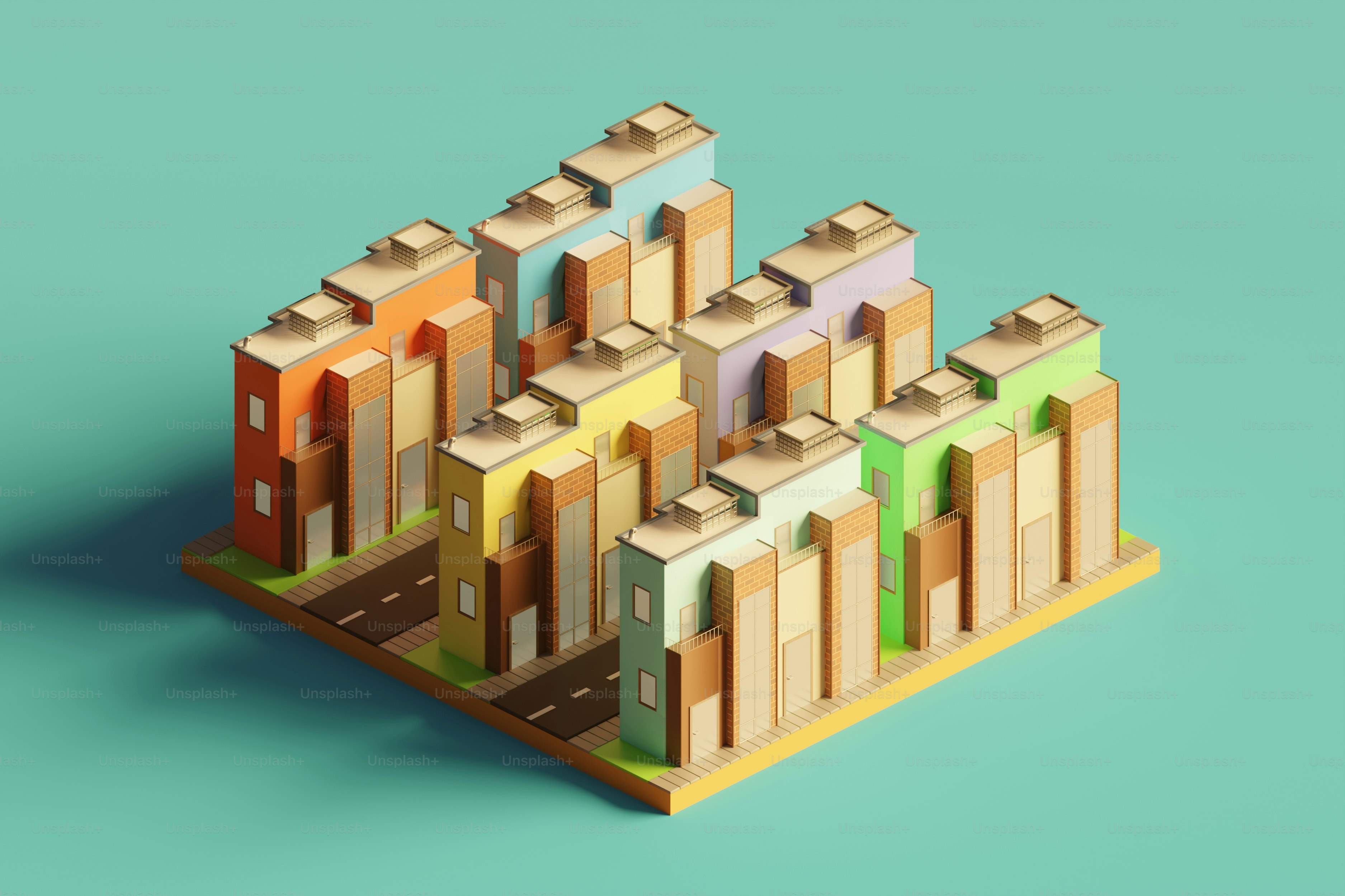 Colorful isometric buildings arranged in a grid.