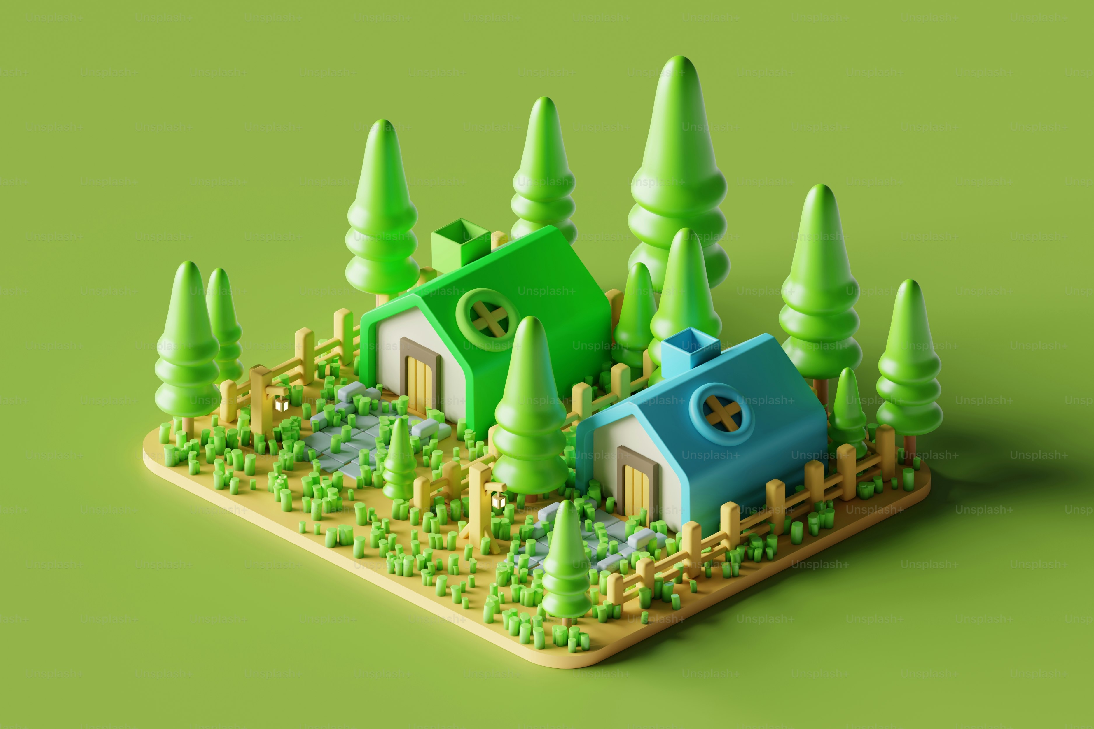 Two cartoon houses nestled in a green landscape.
