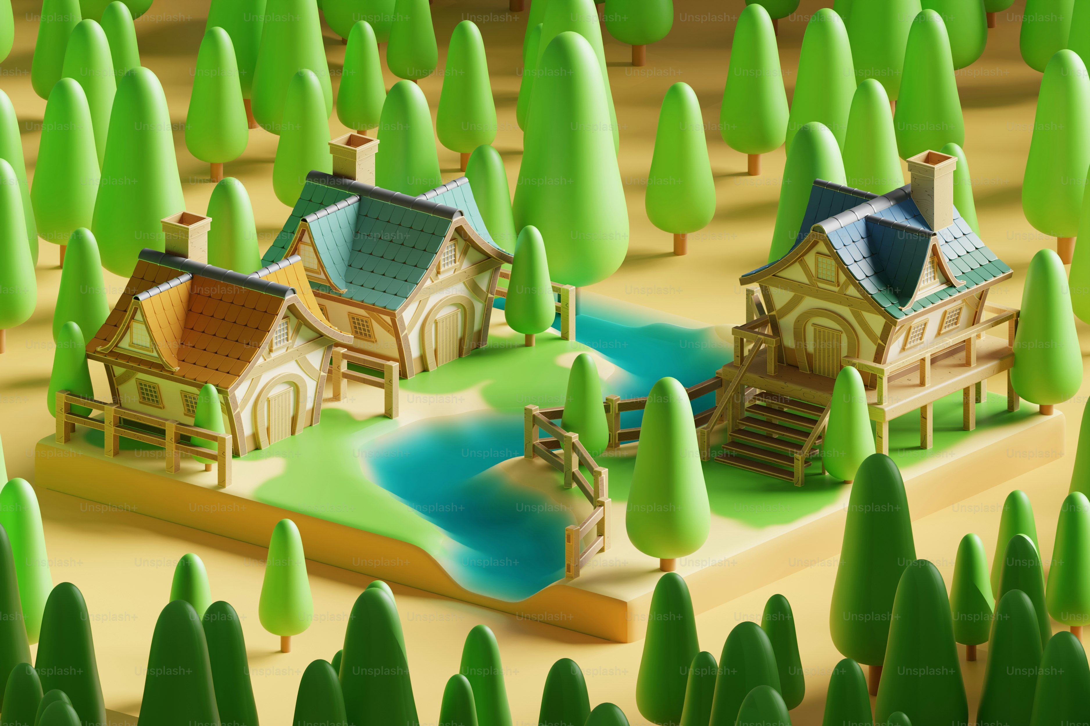 Cute, stylized houses in a whimsical forest.
