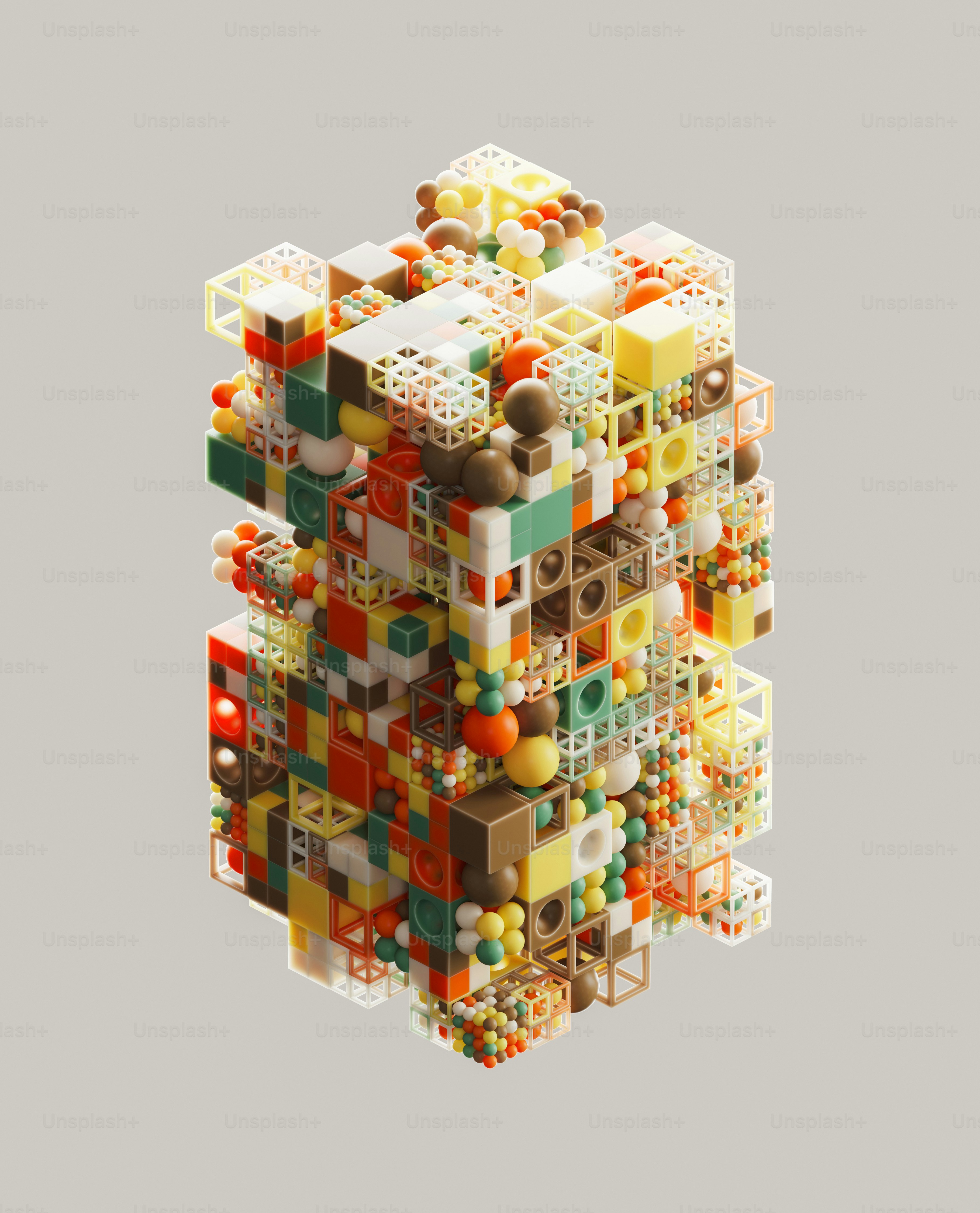A colorful, abstract cube with varied components.