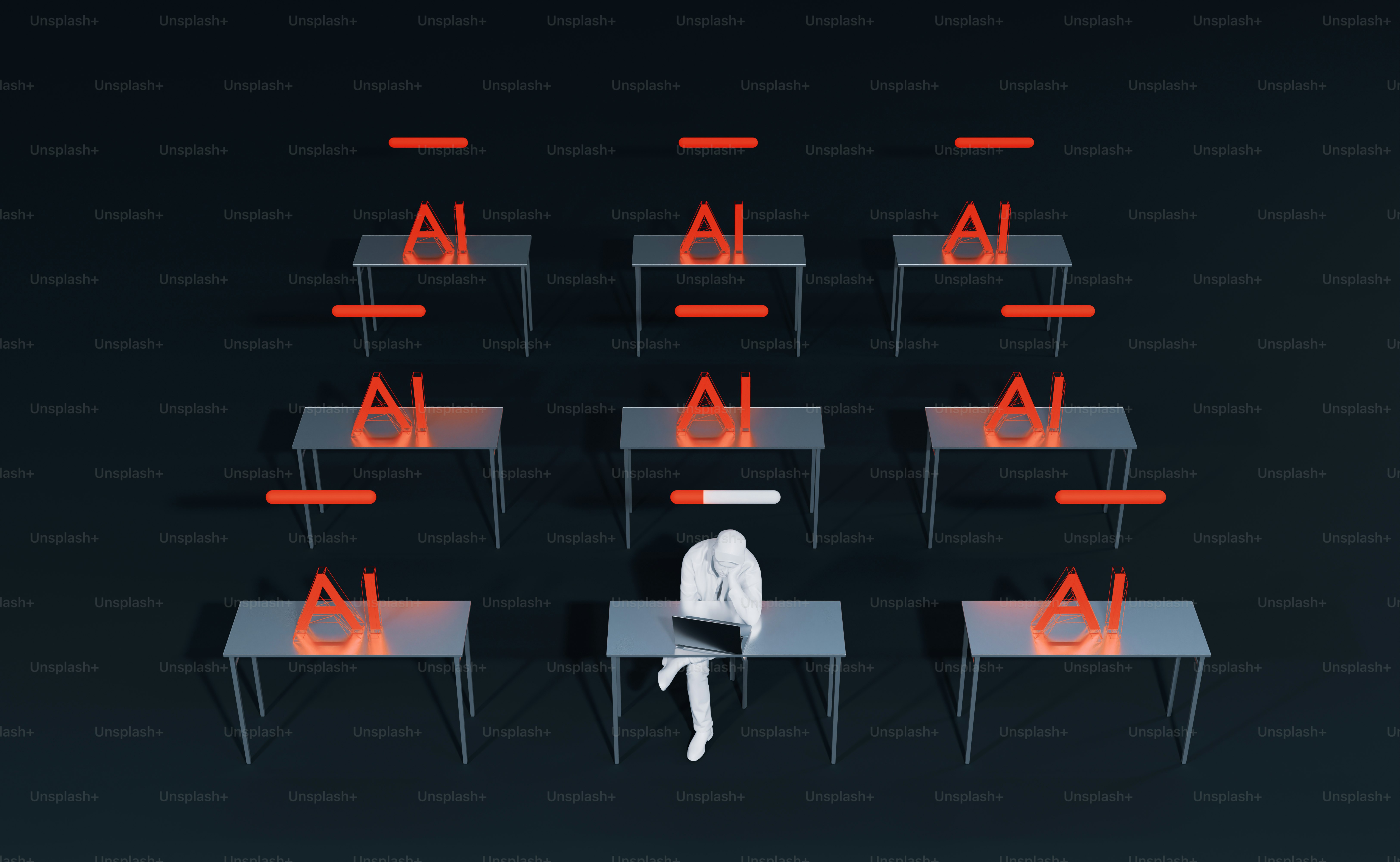 Ai-powered desks are surrounded by a person.