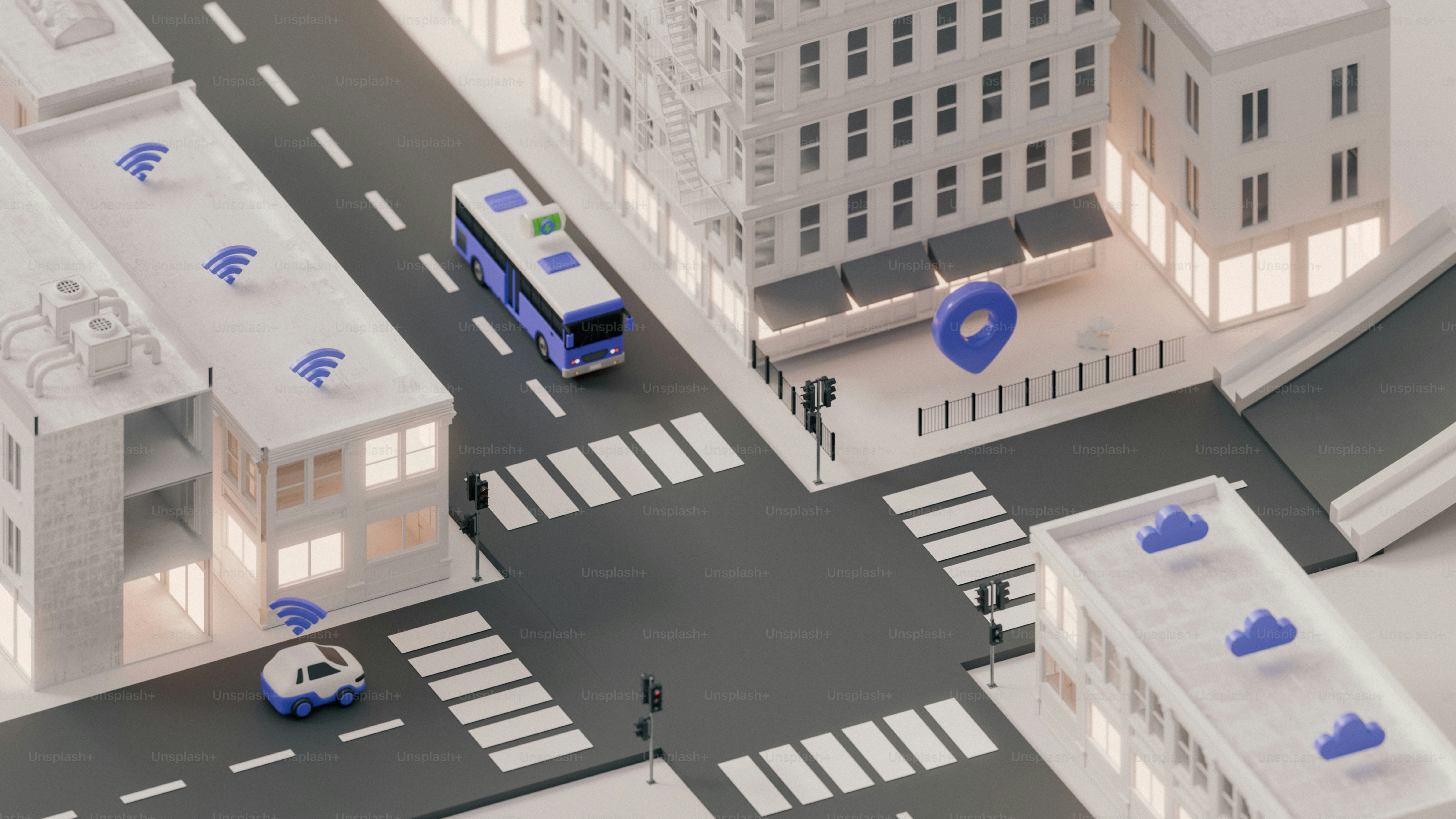 An animated scene of a city with vehicles.