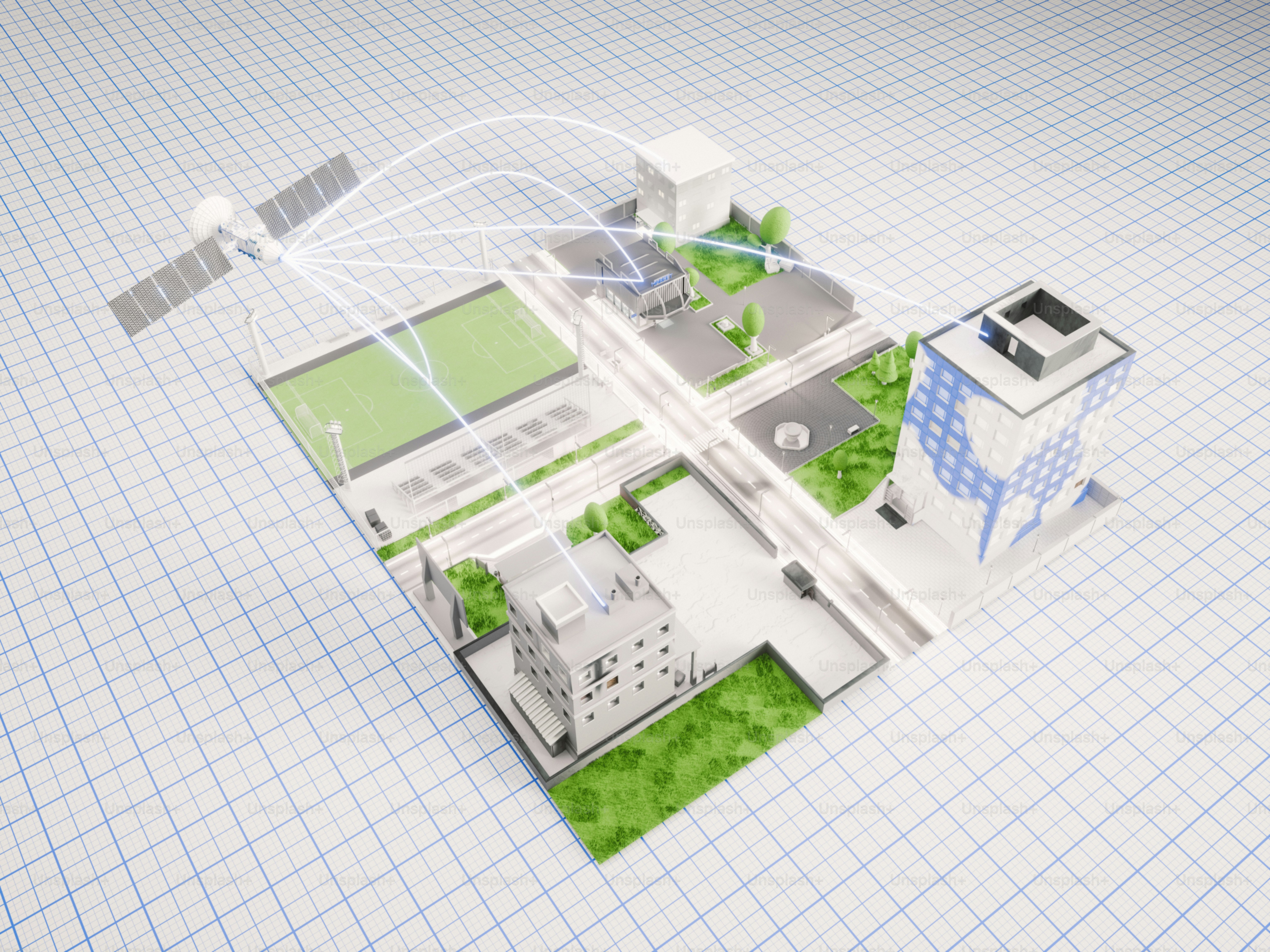 Satellitendaten, die in eine Stadtlandschaft gebeamt werden.