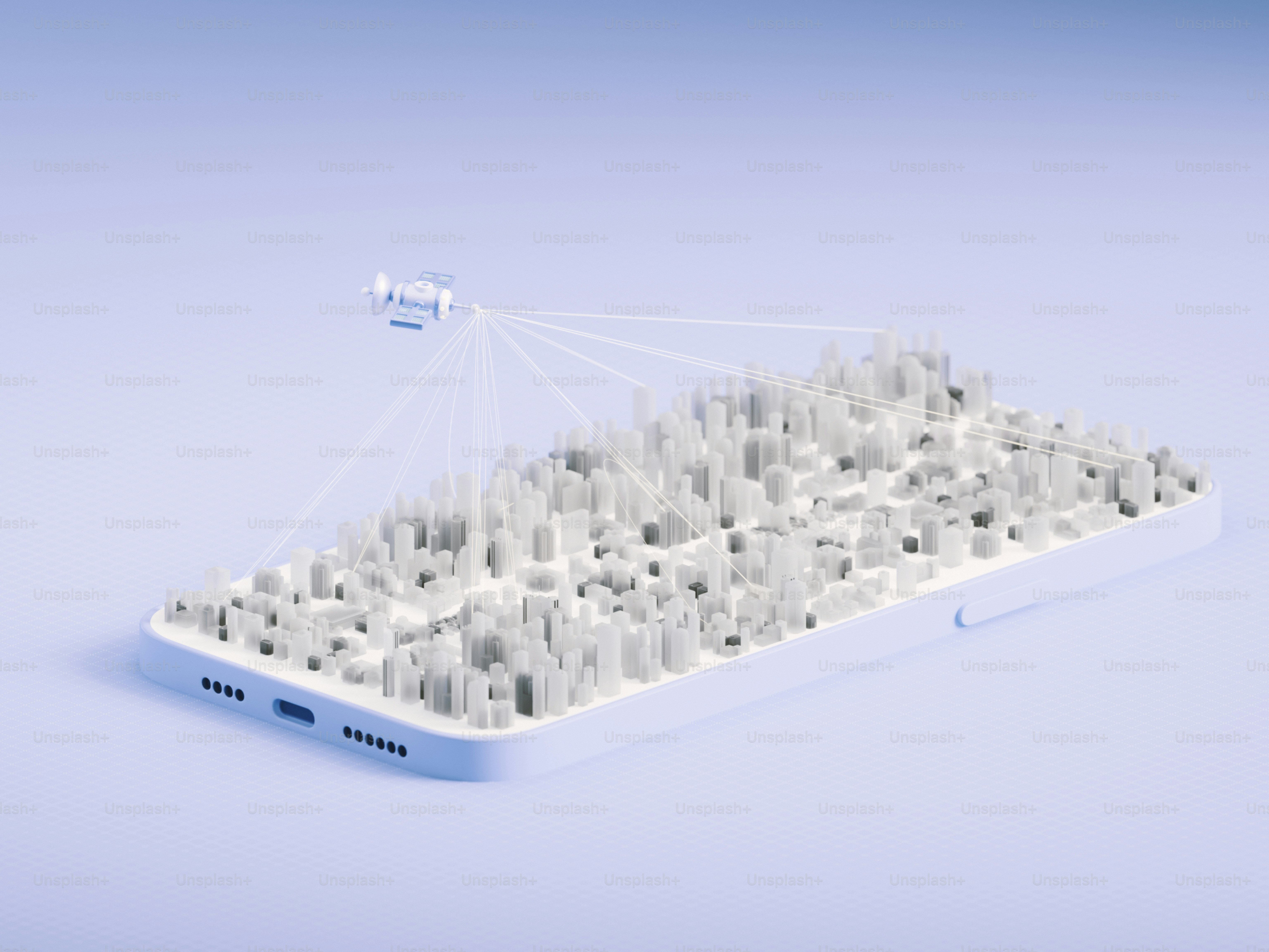 A smartphone shows a city connected to a satellite.