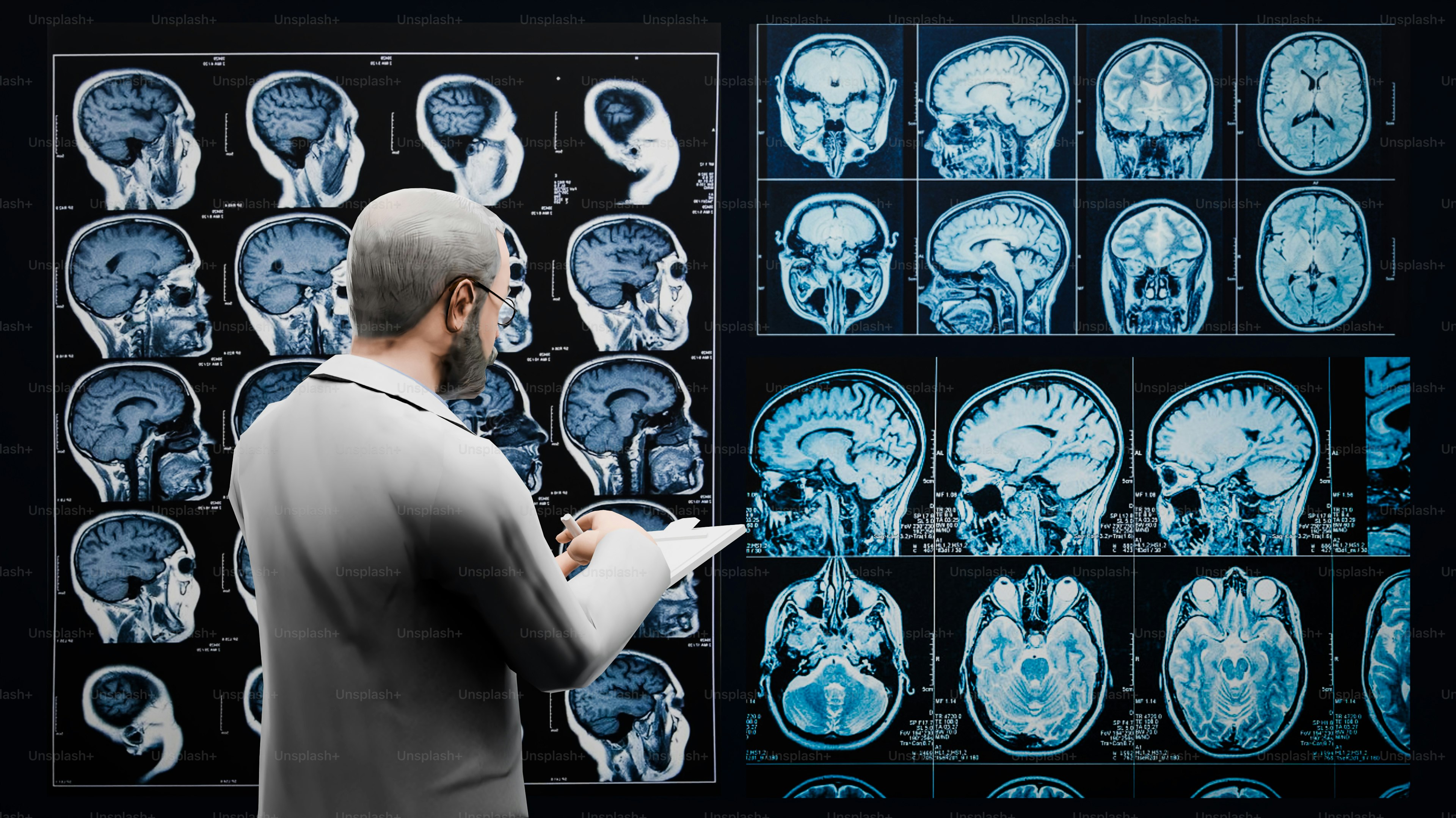 A doctor examines brain scans on a screen. photo – Blue Image on Unsplash