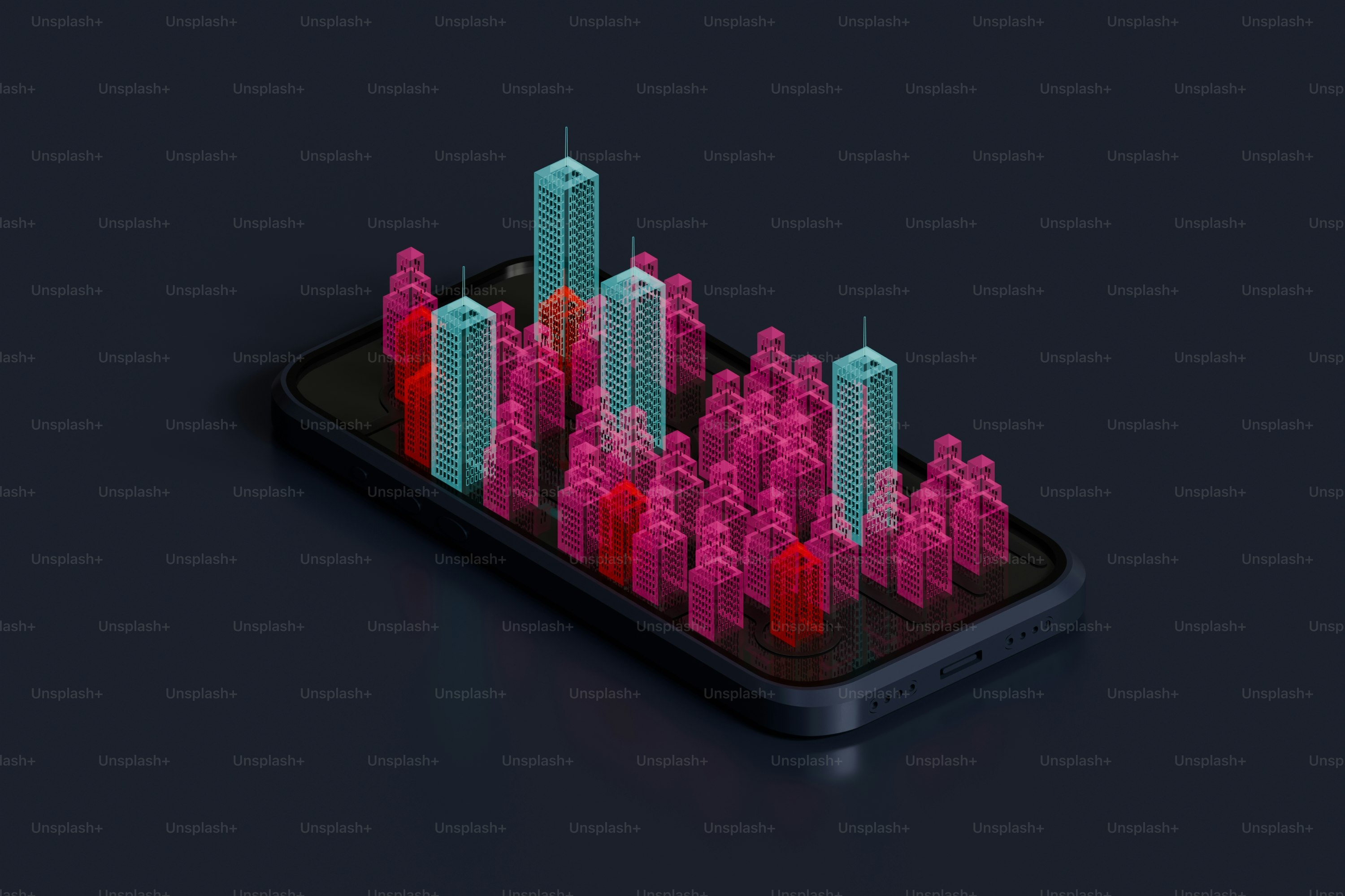 Buildings rise from a phone screen.