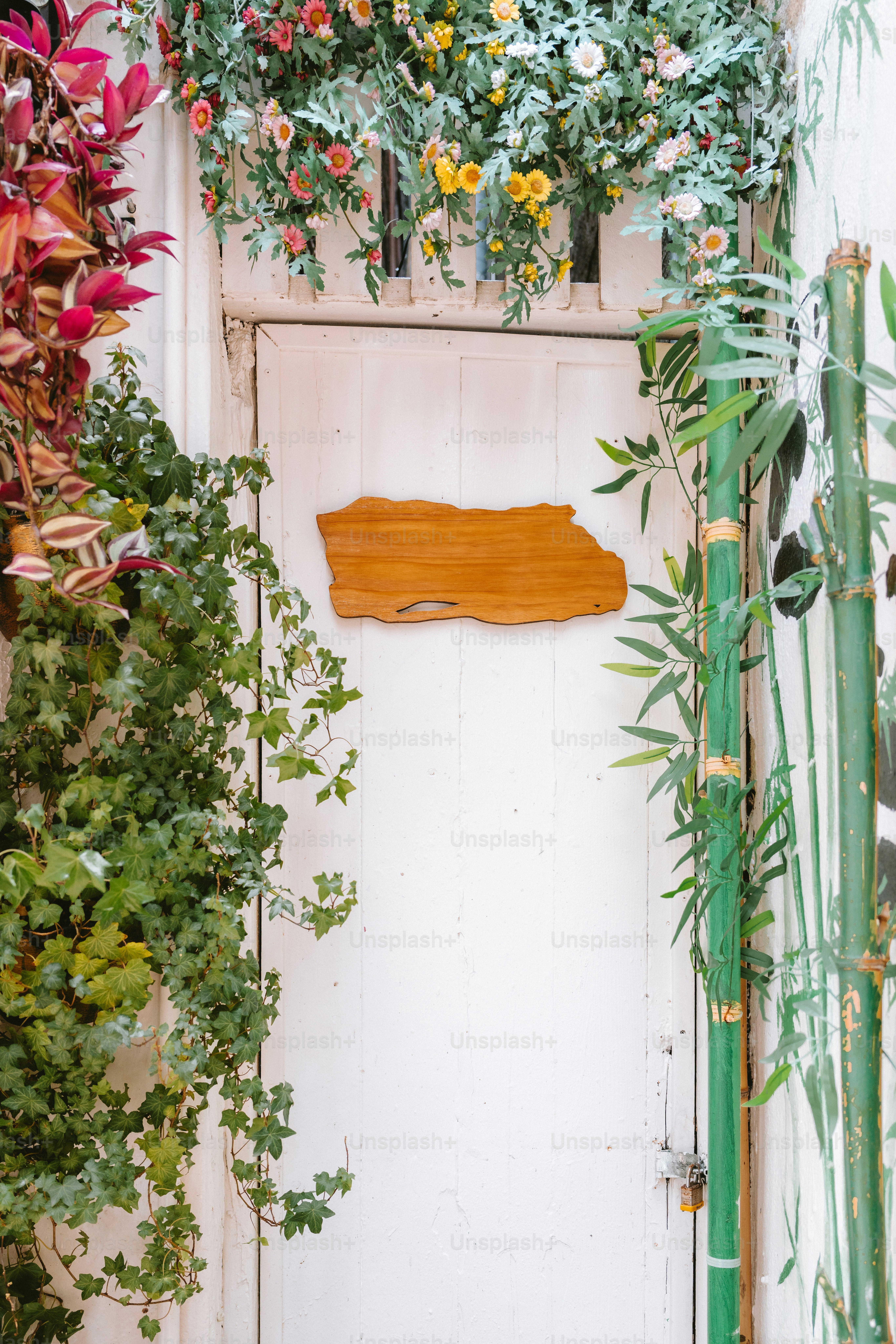 A white door is surrounded by lush greenery.