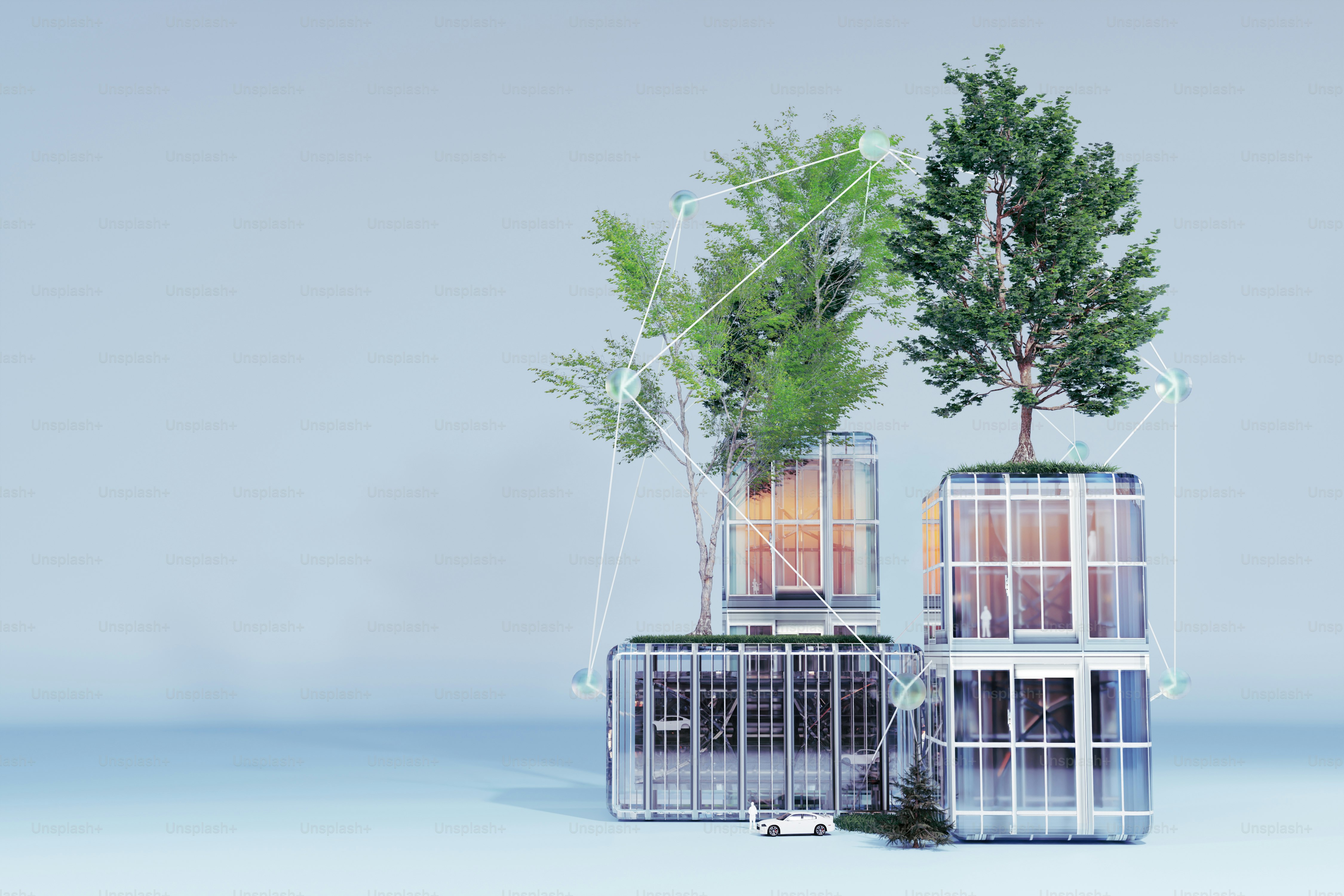 Modern houses with trees are stacked in a creative design.