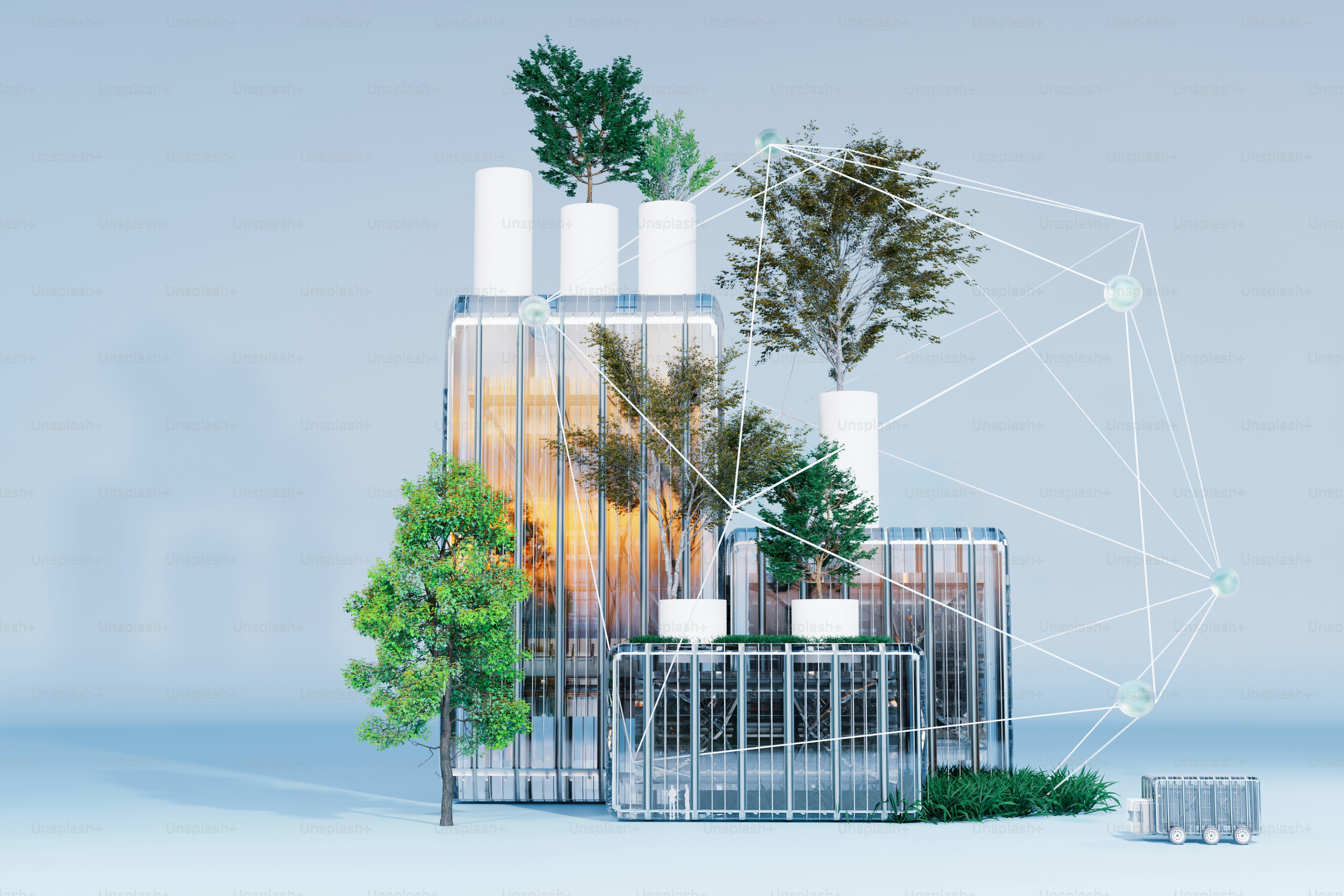 Trees and industrial buildings merge in creative art.