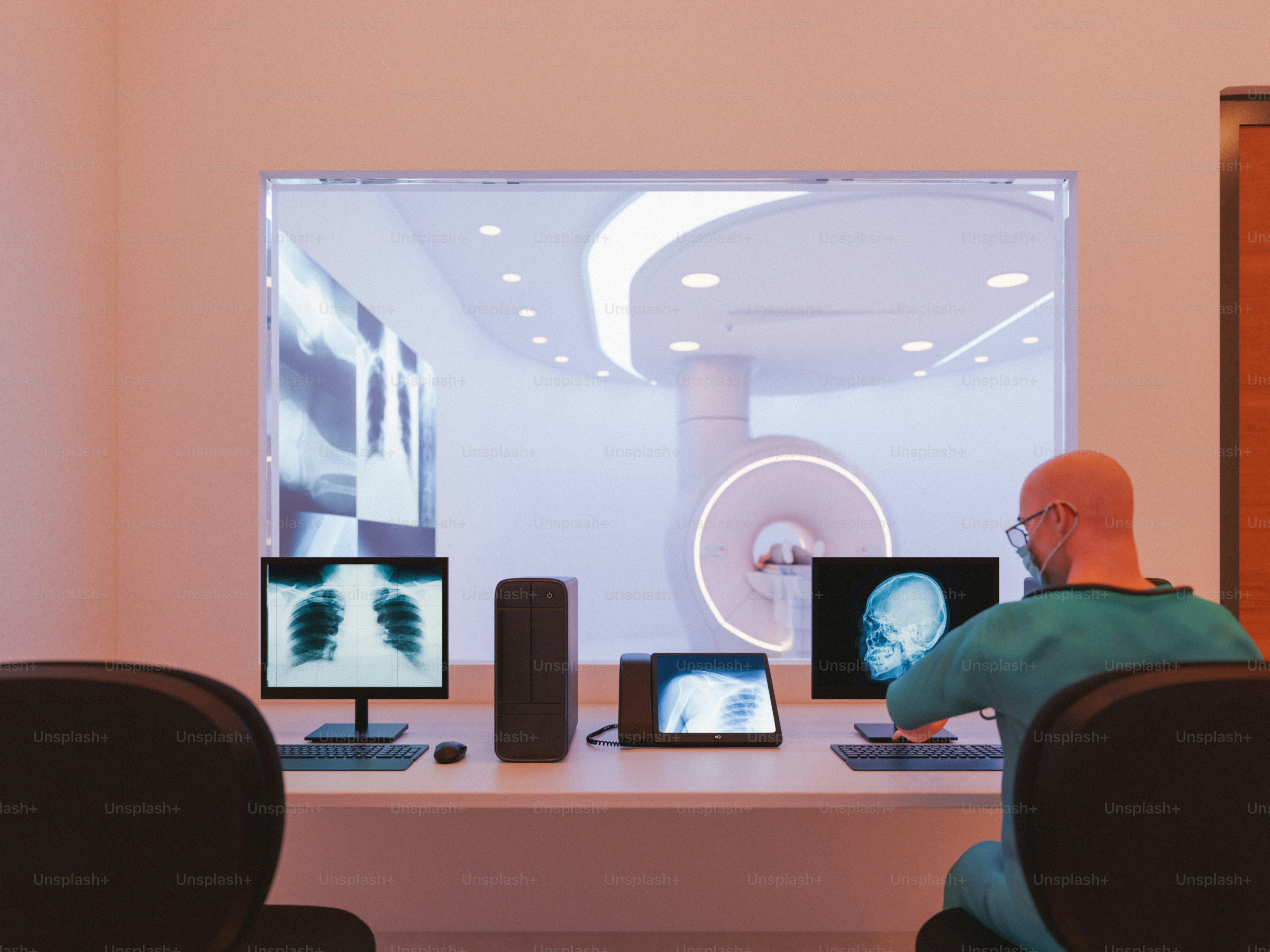 A doctor views medical images in a modern room. photo – Doctor Image on ...