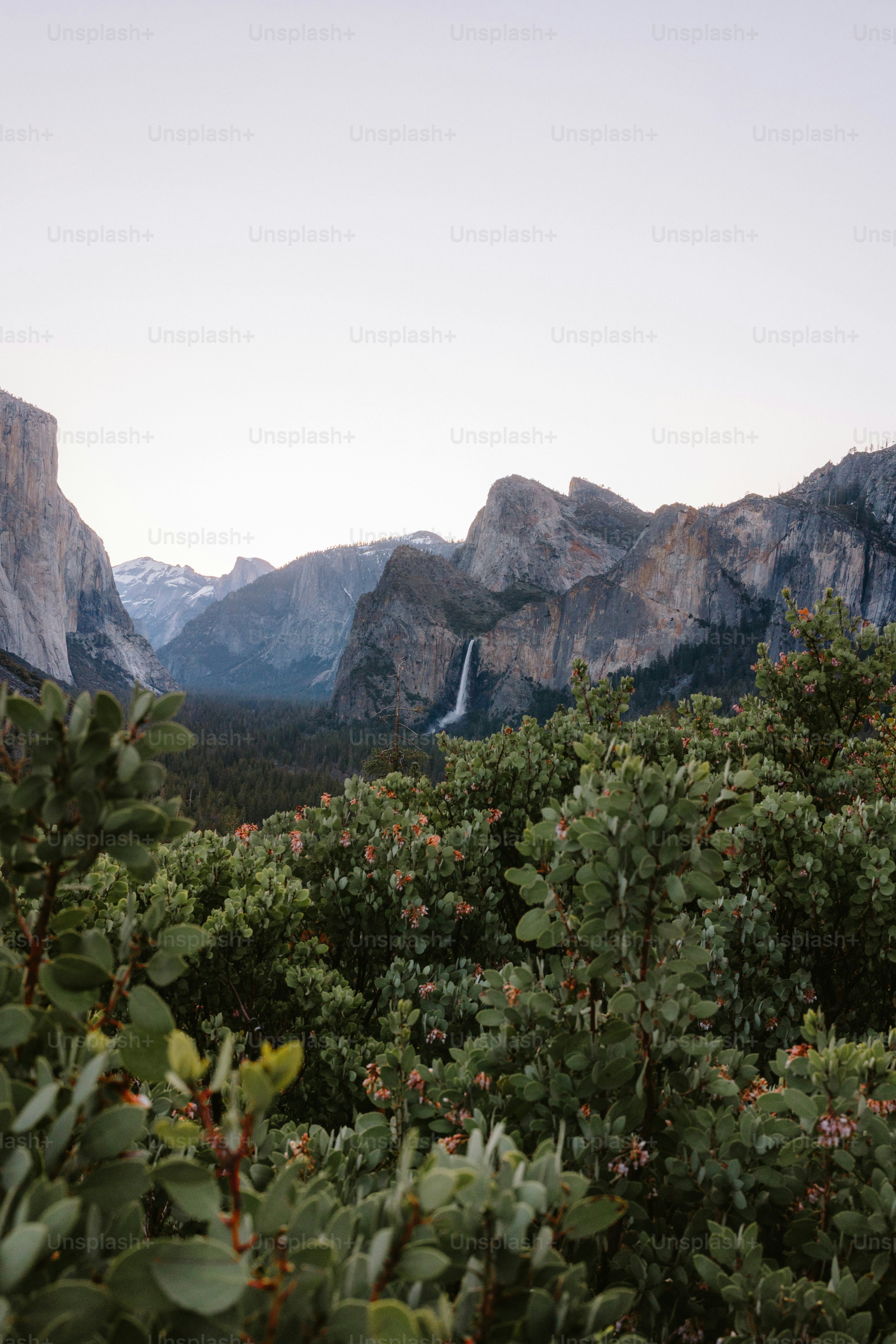 Le montagne torreggiano su una vegetazione lussureggiante e una cascata.