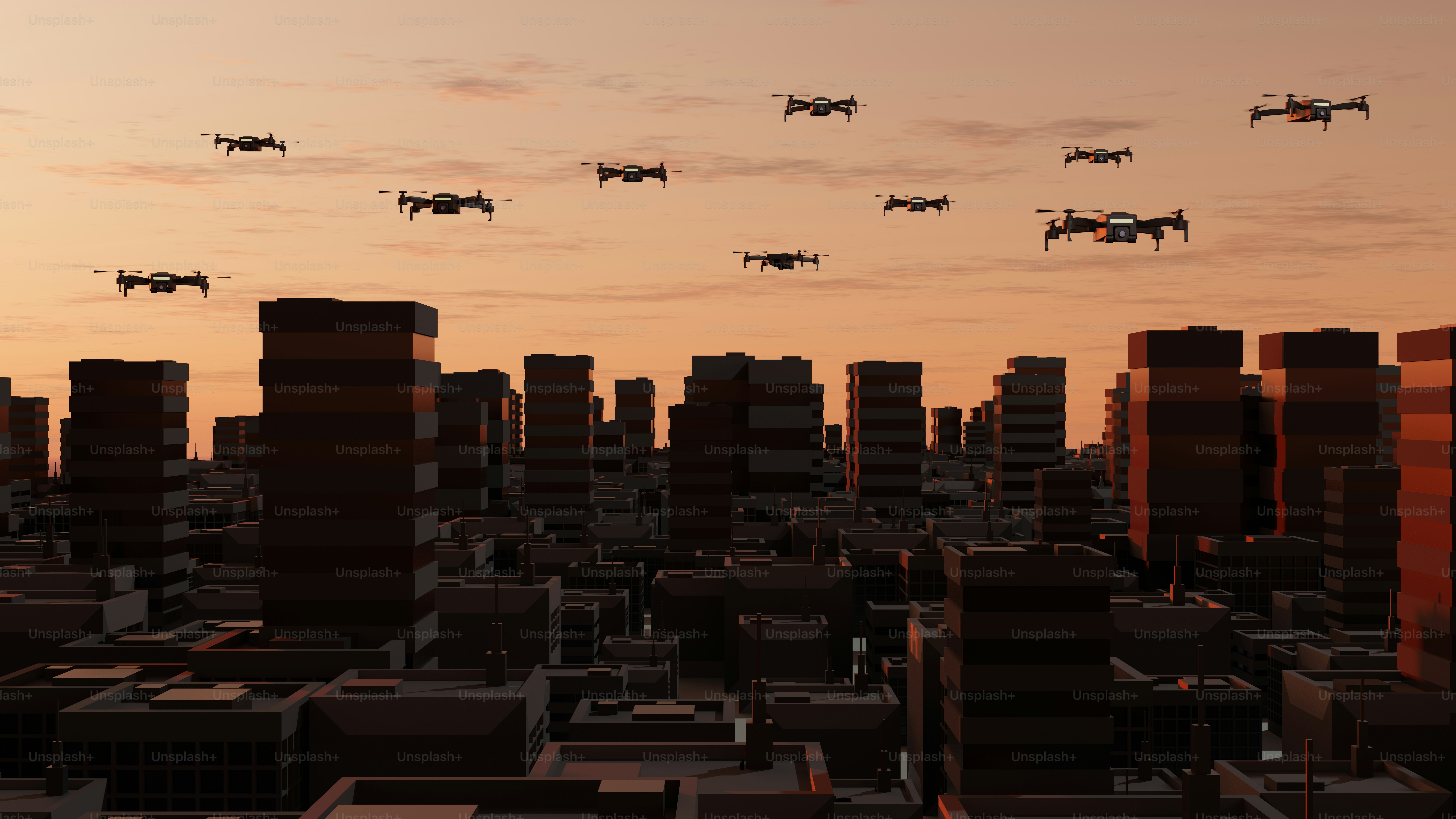 Drones fly over a city at sunset.