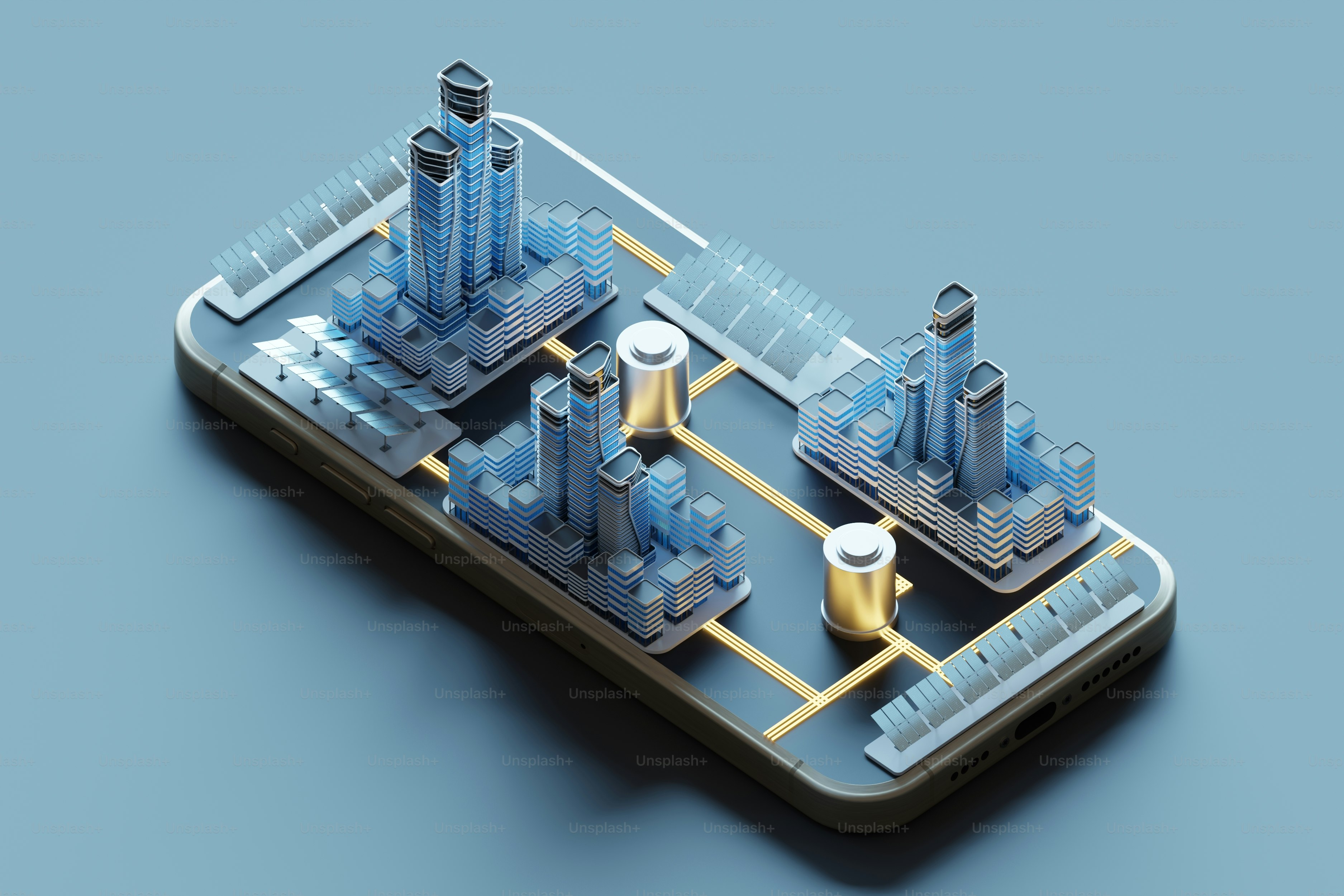 Las ciudades y la energía solar surgen de un teléfono inteligente.