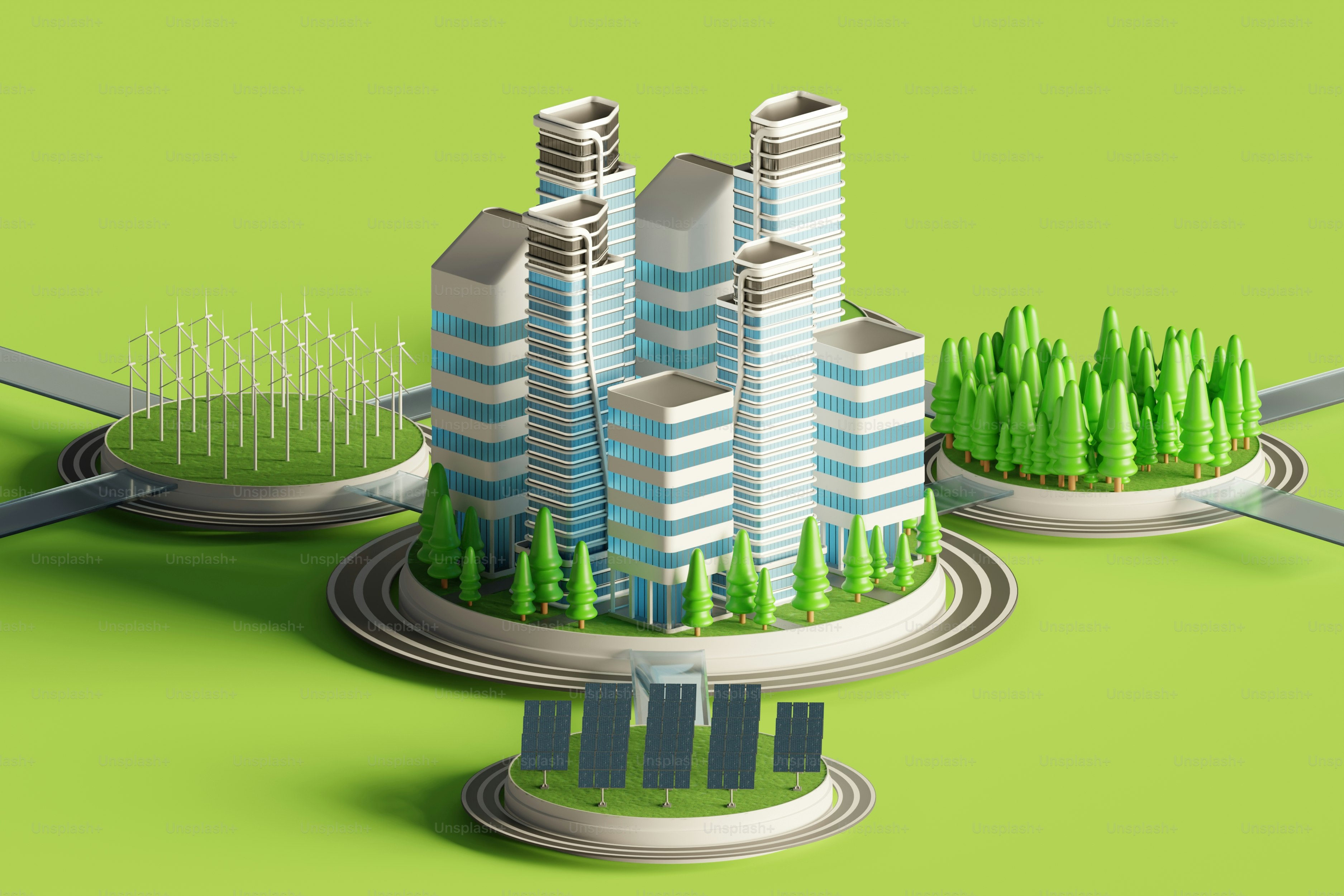 Sustainable city with green energy sources.
